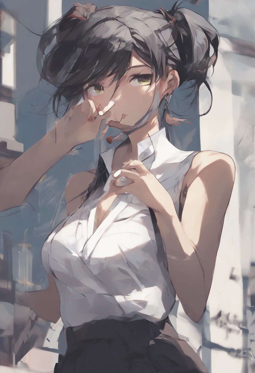 mix4, (8K, Raw photography, top-quality, masterpiece: 1.45), (realisitic, Photorealsitic: 1.37),japanes,( one girls), cute little, Cityscape, natta, Sateen, Wetty, profetional lighting, photon maping, Radio City, physically-based renderingt, Gradient black hair, white hair, short curly hair, a handsome, girl with, White sleeveless shirt, top quality photo, hight resolution, 1080p, (clearface), (Detailed face description), (Detailed hand description), (masterpiece), (Exquisite CG), extreme light and shadows, dishevled hair, masterpiece, lush detail, (Fine facial features), (Highest Quality Photos), (masterpiece), (finely eye), Look in front of you, Fine clavicle, ((Small breasts)),