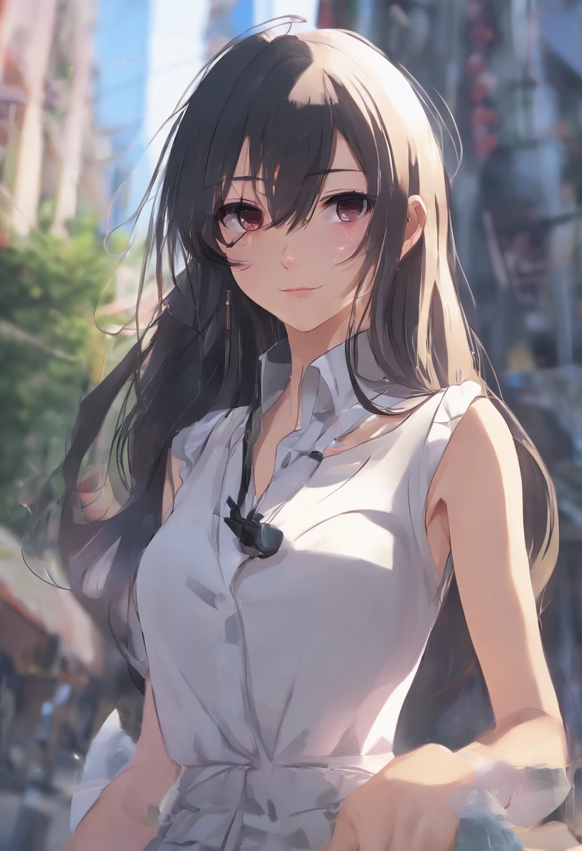 mix4, (8K, Raw photography, top-quality, ​masterpiece: 1.45), (realisitic, Photorealsitic: 1.37),japanes,( one girls), cute little, Cityscape, natta, Sateen, Wetty, profetional lighting, photon maping, Radio City, physically-based renderingt, Gradient black hair, white  hair, short  curly hair, a handsome, girl with, White sleeveless shirt, top quality photo, hight resolution, 1080p, (clearface), (Detailed face description), (Detailed hand description), (​masterpiece), (Exquisite CG), extreme light and shadows, dishevled hair, ​masterpiece, lush detail, (Fine facial features), (Highest Quality Photos), (​masterpiece), (finely eye), Look in front of you, Fine clavicle, ((Small breasts)),
