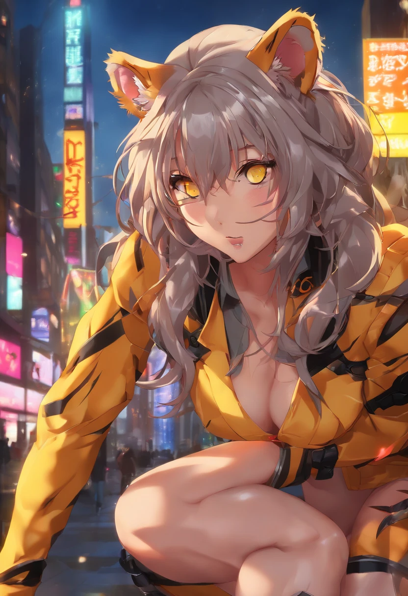 Official art, masutepiece, Sharp Focus,(masutepiece, side lights, Beautiful Eyes of Details: 1.2), 3D Face, Realistic, Perfect face, Absolute resolution, High resolution, Texture, (masutepiece: 1.5), (Best Quality), 8K, (Beautiful Face and Eyes in High Resolution), (girl with), (tiger Girl, Furry girl, Kemono girl, Bad girl: 1.5), (yellow Skin, tiger skin, tiger bodyhair, Colored skin, completely nude: 1.5), (tiger arms, tiger hands, tiger legs, tiger feet:1.5), (Attacking:1.5), Spiky ears, (Oily skin, slender, Long breasts, Gooey breasts, Huge breasts:1.5), Full body, Evil smile, Open mouth, (Thick eyebrows: 1.3), thin hip, Bare legged,(black sclera eyes:1.3), Silver hair, (Midnight, classroom:1.5), (tiger girl, tiger Skin:1.5), (corruption, turn evil, spread legs:1.5), Detailed legs, Detailed sole, Many lotions ,(spread legs, egg laying:1.5)