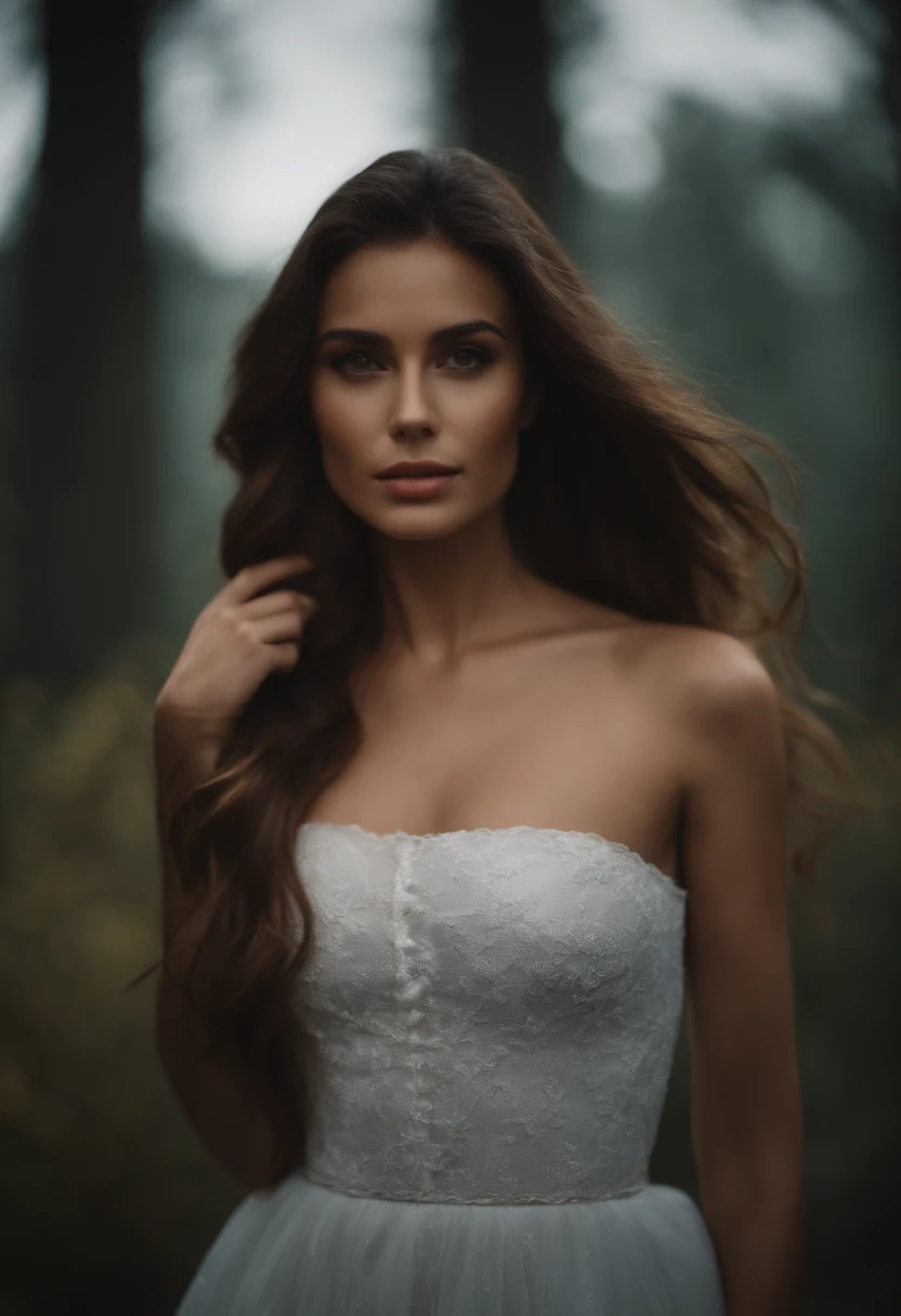 young skinny woman wavy black hair half way down her back big red lips fair skin green eyes wearing a white dress