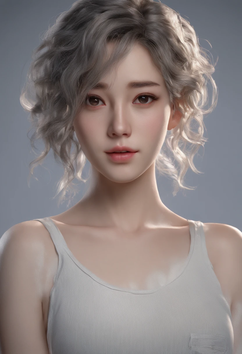 mix4, (8K, Raw photography, top-quality, masterpiece: 1.45), (realisitic, Photorealsitic: 1.37),japanes,( one girls), cute little, Cityscape, natta, Sateen, Wetty, profetional lighting, photon maping, Radio City, physically-based renderingt, Gradient black hair, white hair, short curly hair, a handsome, girl with, White sleeveless shirt, top quality photo, hight resolution, 1080p, (clearface), (Detailed face description), (Detailed hand description), (masterpiece), (Exquisite CG), extreme light and shadows, dishevled hair, masterpiece, lush detail, (Fine facial features), (Highest Quality Photos), (masterpiece), (finely eye), Look in front of you, Fine clavicle, ((Small breasts)),