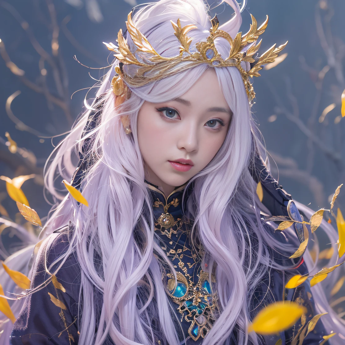 Genki Girl 32K(tmasterpiece,k hd,hyper HD,32K)Long flowing bright purple hair,Autumn Pond,zydink, a color,Silent (Back-halo), (Old blue and white scarf), Combat posture, looking at the ground, long whitr hair, Floating bright purple, Fire cloud pattern gold tiara, Chinese long-sleeved gold silk garment, (Abstract metaverse splash:1.2), white backgrounid,Lotus vitality protector(realisticlying:1.4),Bright purple hair,Smoke on the road,The background is pure, A high resolution, the detail, RAW photogr, Sharp Re, Nikon D850 Film Stock Photo by Jefferies Lee 4 Kodak Portra 400 Camera F1.6 shots, Rich colors, ultra-realistic vivid textures, Dramatic lighting, Unreal Engine Art Station Trend, cinestir 800,A girl with long flowing bright purple hair
