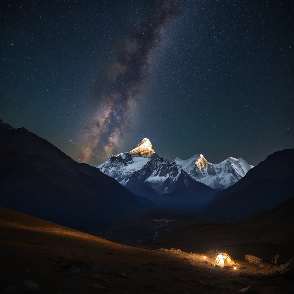 Master Parts、Superior Quality、superior image quality、The 8k quality、Beautiful pictures of the starry sky、magnifica、Arched Milky Way:1.9、Mount Everest、snow mountains