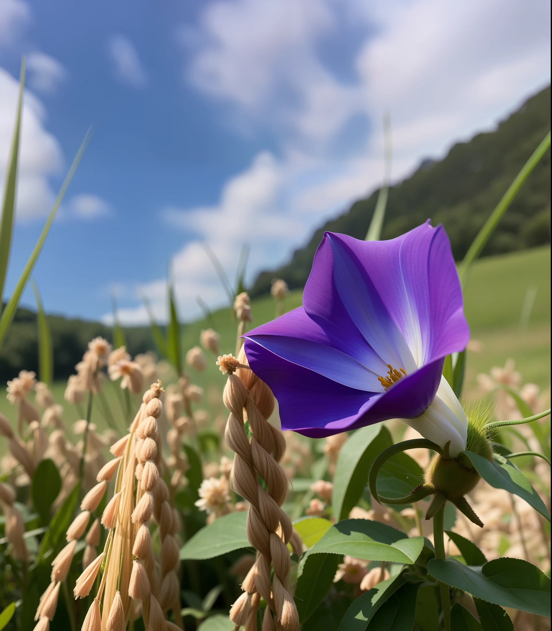 there is a purple flower that is growing in a field, seen from below, low angle 8k hd nature photo, staggering in its beauty, summer morning, captured on canon eos r 6, summer morning light, morning light, view from below, summer day, morning glory flowers, taken with sony alpha 9, view from ground, flowers in foreground