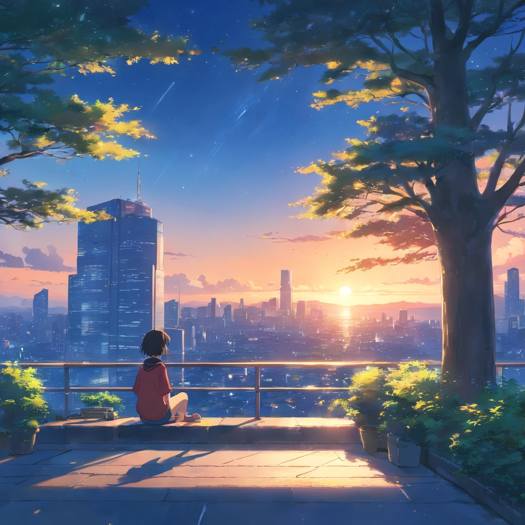 octans、天空、stele(天空)、landscapes、starrysky、Two moons、Red Moon、Blue Moon、natta、only child、nigh sky、独奏、plein air、Signature、建筑、云、milkyway、sitting on、The tree、length hair、street、silhuette、A city scape