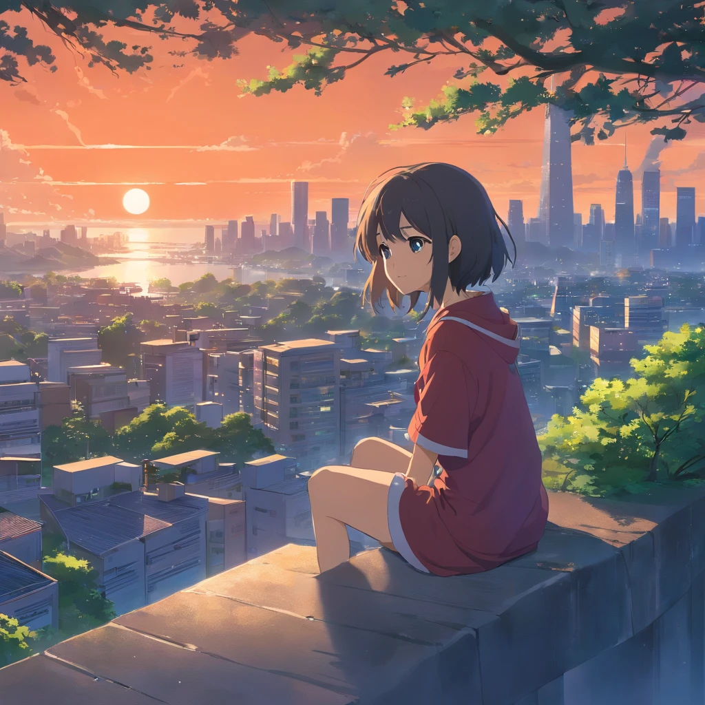 octans、天空、stele(天空)、landscapes、starrysky、Two moons、Red Moon、Blue Moon、natta、only child、nigh sky、独奏、plein air、Signature、建筑、云、milkyway、sitting on、The tree、length hair、street、silhuette、A city scape