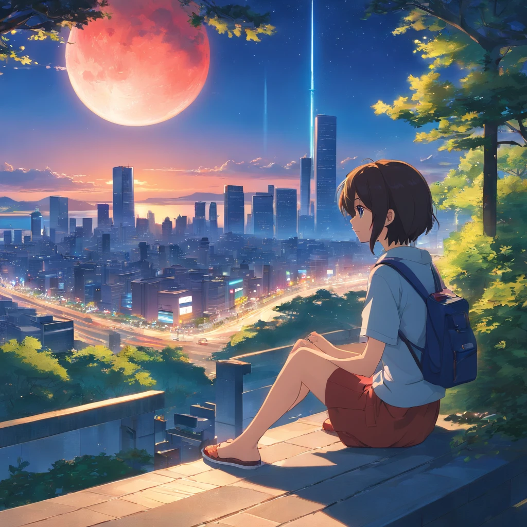 octans、天空、stele(天空)、landscapes、starrysky、Two moons、Red Moon、Blue Moon、natta、only child、nigh sky、独奏、plein air、Signature、建筑、云、milkyway、sitting on、The tree、length hair、street、silhuette、A city scape