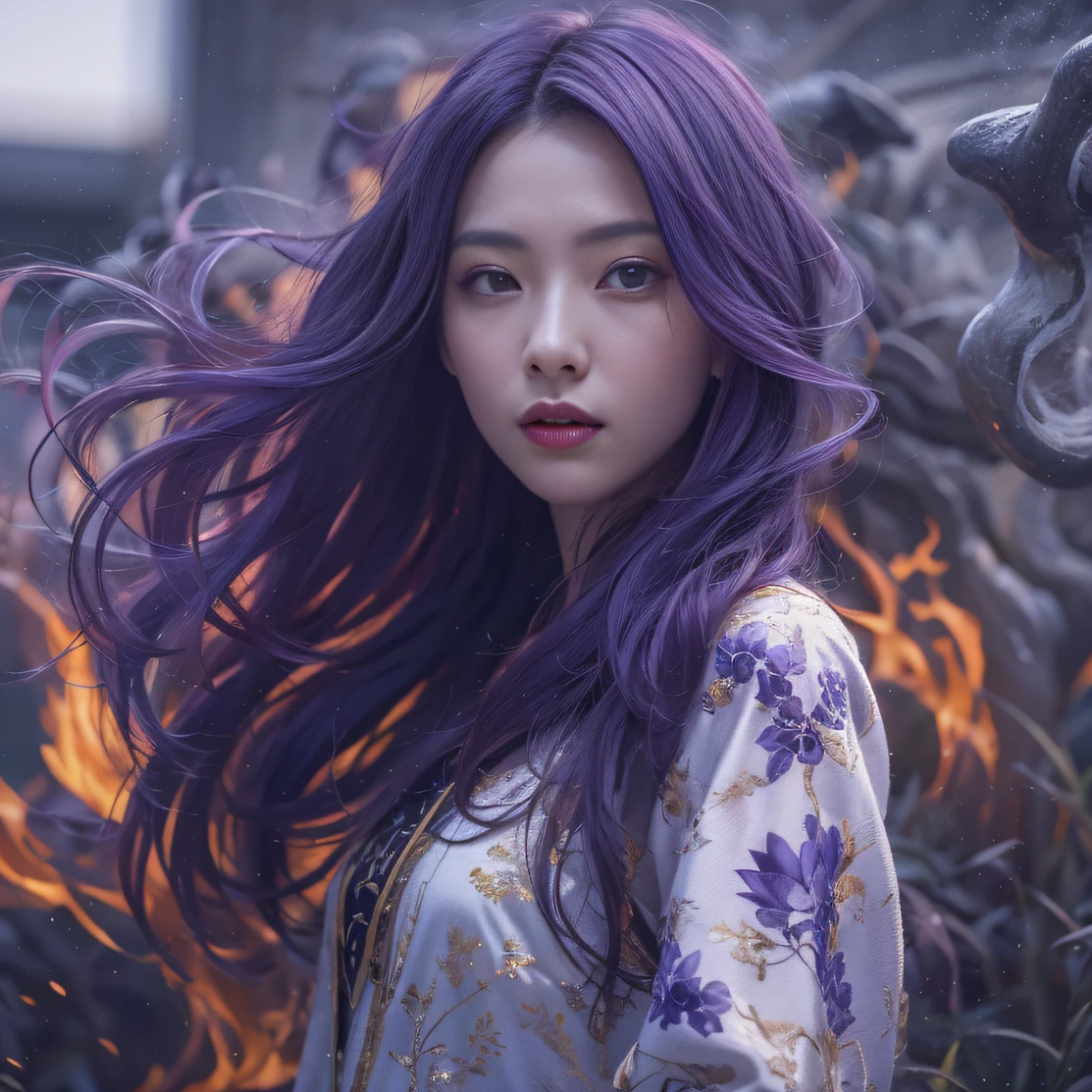 Blood Girl 32K（tmasterpiece，k hd，hyper HD，32K）Long flowing bright purple hair，blood pond，zydink， a color，Silent （Post-halo）， （Old blue and white scarf）， Combat posture， looking at the ground， long whitr hair， Floating bright purple， Fire cloud pattern gold tiara， Chinese long-sleeved gold silk garment， （Abstract metaverse splash：1.2）， white backgrounid，Lotus vitality protector（realisticlying：1.4），Bright purple hair，Smoke on the road，The background is pure， A high resolution， the detail， RAW photogr， Sharp Re， Nikon D850 Film Stock Photo by Jefferies Lee 4 Kodak Portra 400 Camera F1.6 shots, Rich colors, ultra-realistic vivid textures, Dramatic lighting, Unreal Engine Art Station Trend, cinestir 800，A girl with long flowing bright purple hair