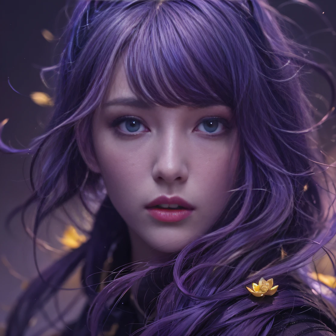 Blood Girl 32K(tmasterpiece,k hd,hyper HD,32K)Long flowing bright purple hair,blood pond,zydink, a color,Silent (Post-halo), (Old blue and white scarf), Combat posture, looking at the ground, long whitr hair, Floating bright purple, Fire cloud pattern gold tiara, Chinese long-sleeved gold silk garment, (Abstract metaverse splash:1.2), white backgrounid,Lotus vitality protector(realisticlying:1.4),Bright purple hair,Smoke on the road,The background is pure, A high resolution, the detail, RAW photogr, Sharp Re, Nikon D850 Film Stock Photo by Jefferies Lee 4 Kodak Portra 400 Camera F1.6 shots, Rich colors, ultra-realistic vivid textures, Dramatic lighting, Unreal Engine Art Station Trend, cinestir 800,A girl with long flowing bright purple hair