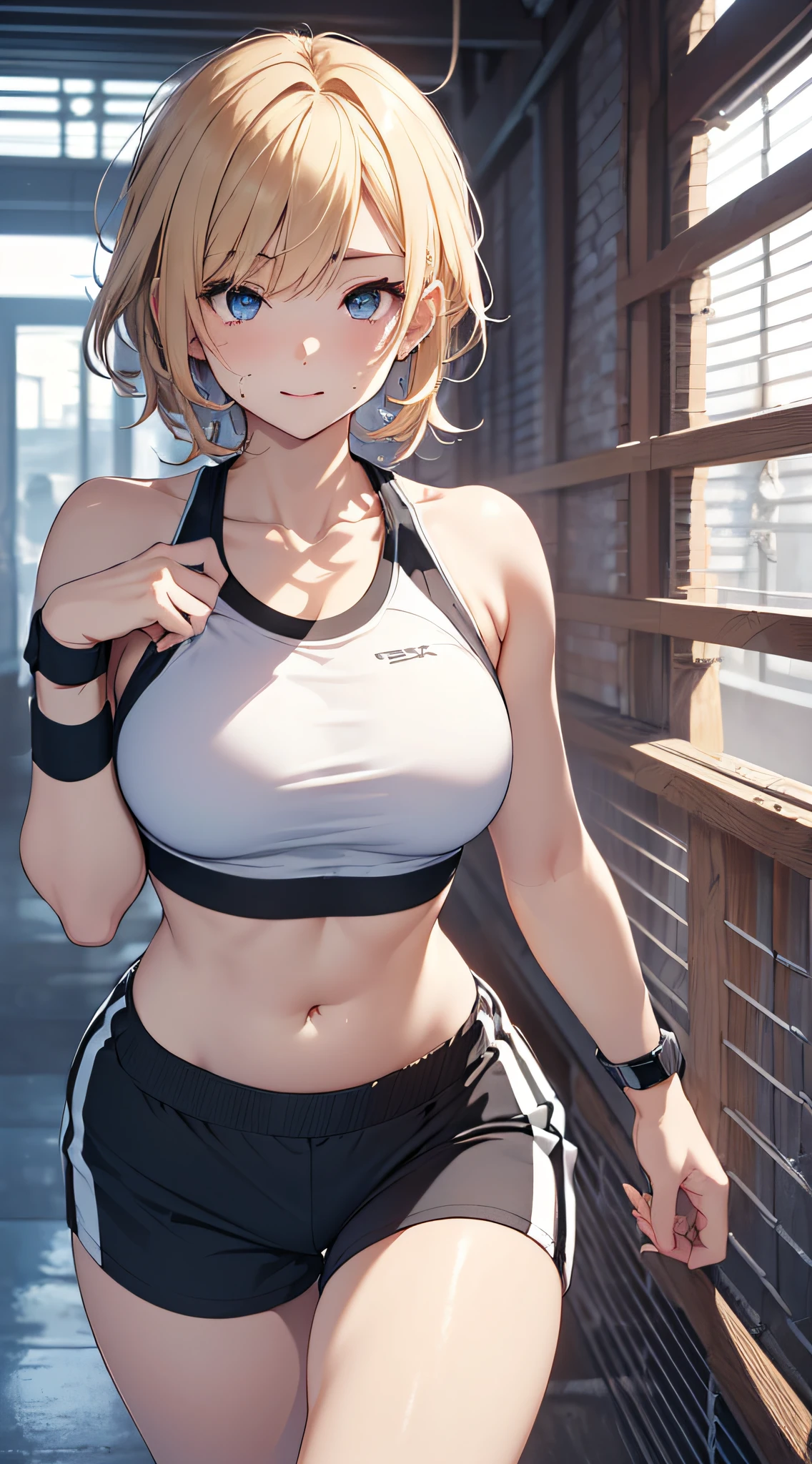 (The photo was taken in a gym locker:2). The girl on focus, She is facing the camera. She is coming out of the gym, (you can see her sweaty:1.3).

(She is wearing see-through bra:1.6), and you can see her cleavage, this photo is only focused on the body, for roleplay porpuses, she is also wearing black leggings, revealing her curves, she has very wide hips, you can see her great shape, you can see her. (She has pornographic exposure:2), (she is sweaty:2), has an evil smirk on her face.

The outfit is very tight, and she has a huge breasts, that are massive and insanely big.

(Her hair is blonde with colored streaks:1.3), (She has her hair in a short bob:1.5), or short blonde hair, or short multicolored hair.

(She has a very nice hair:1.2), and her hands are perfect. The shadows in the photo are soft. The girl is illuminated perfectly. The rest of the photo is perfect with a very detailed background. This creates a sense of pleasure and intrigue. The colors are all vibrant and satisfying to look at. The face is very realistic, and she is very detailed as well, she is appealing to look at. The general mood of the photo is sensual and alluring. The girl is the center of attention of the photo, And its beauty is undeniable. The beautiful setting and dramatic colors create a sense of hypnosis and excitement. This photograph is a perfect example of professional cinematic photography. It is well lit, well-proportioned, And the theme is absolutely amazing. It is sure to attract the attention of anyone, Who will see it. You could put a ornaments in her hair. Whatever, As a result, the photo will be composed?, It is sure to be a stunning and memorable image.