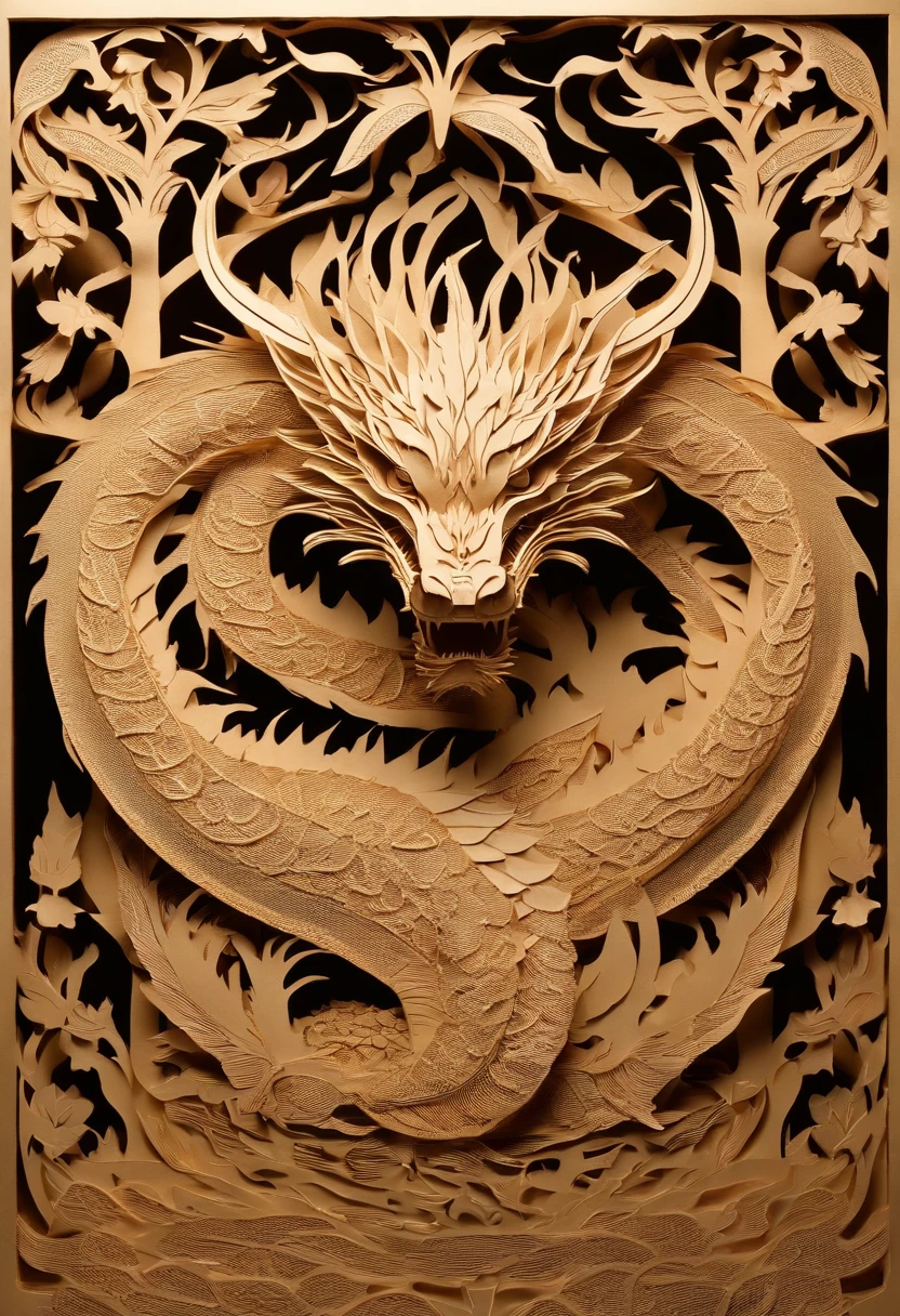 Best Quality, Top image quality, Top resolution, Intricate details, Craftsmanship, (Papercut:1.4), Ring of Fire, Dragon engulfed in flames, Cutting framed paper, Museum, Protruding from the flame of the flame, Actual Paper Burning, fire, Real Fire,Three-dimensional,Burning flames、The dragon has its mouth open to the maximum、Unleash a pillar of fire from the dragon's mouth