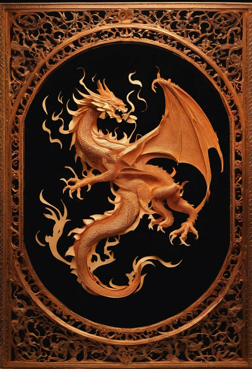 Best Quality, Top image quality, Top resolution, Intricate details, Craftsmanship, (Papercut:1.4), Ring of Fire, Dragon engulfed in flames, Cutting framed paper, Museum, Protruding from the flame of the flame, Actual Paper Burning, fire, Real Fire,Three-dimensional,Burning flames、The dragon has its mouth open to the maximum、Unleash a pillar of fire from the dragon's mouth