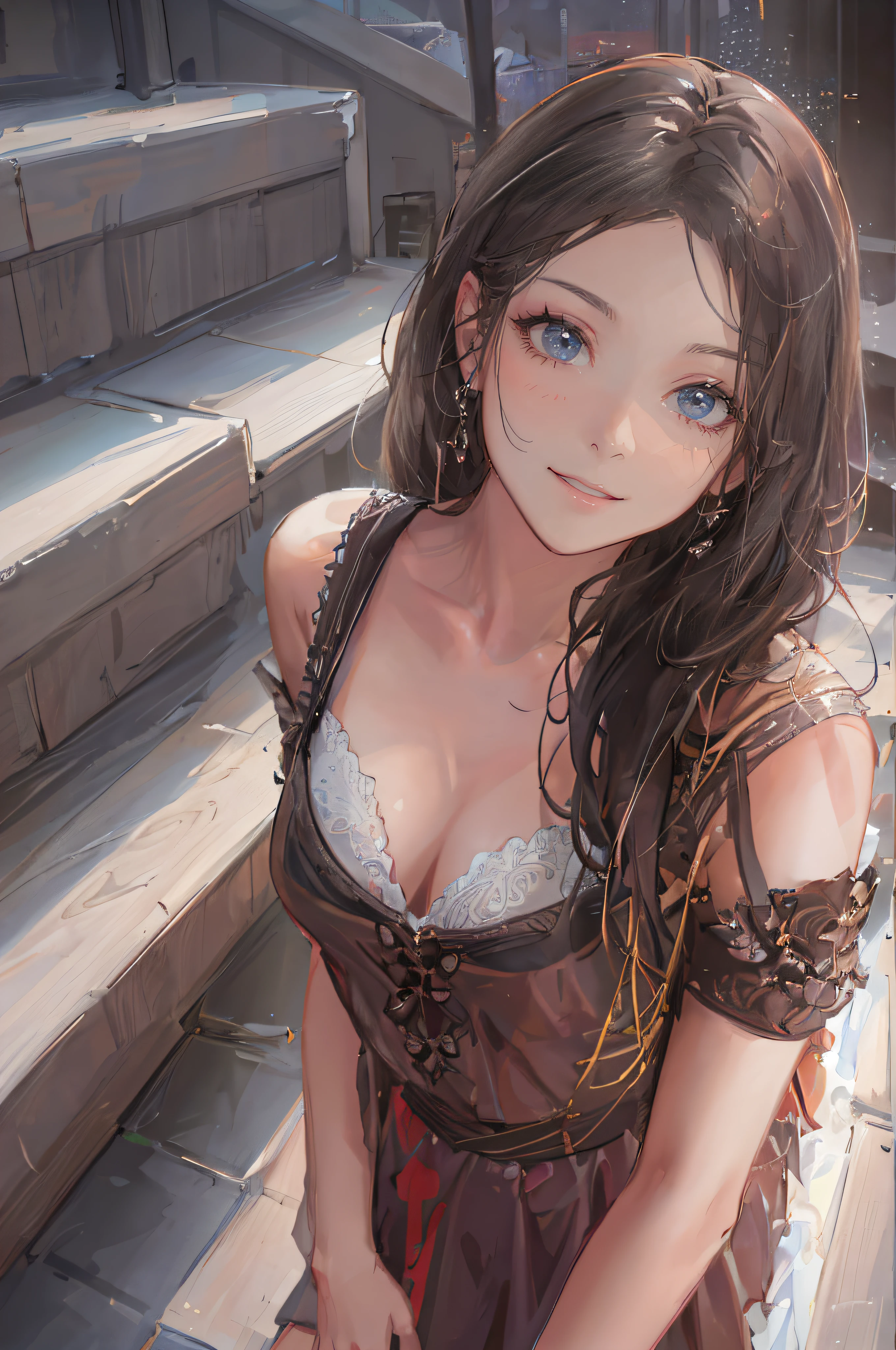 ((A sexy and beautiful woman is looking down at me from the top of the stairs)), ((The cutest 22-year-old beauty)), ((Charming smile)), ((Very long hair) ), (( miniskirt)), ((rich bust)), gradient eyes, seductive makeup, single view, NFFSW, UHD, retina, masterpiece, accurate, anatomical, scientifically correct, textured skin, super detail, high detail , High Quality, Award Winning, Top Quality, High Resolution, 1080P, HD, 4K, 8k, 16k