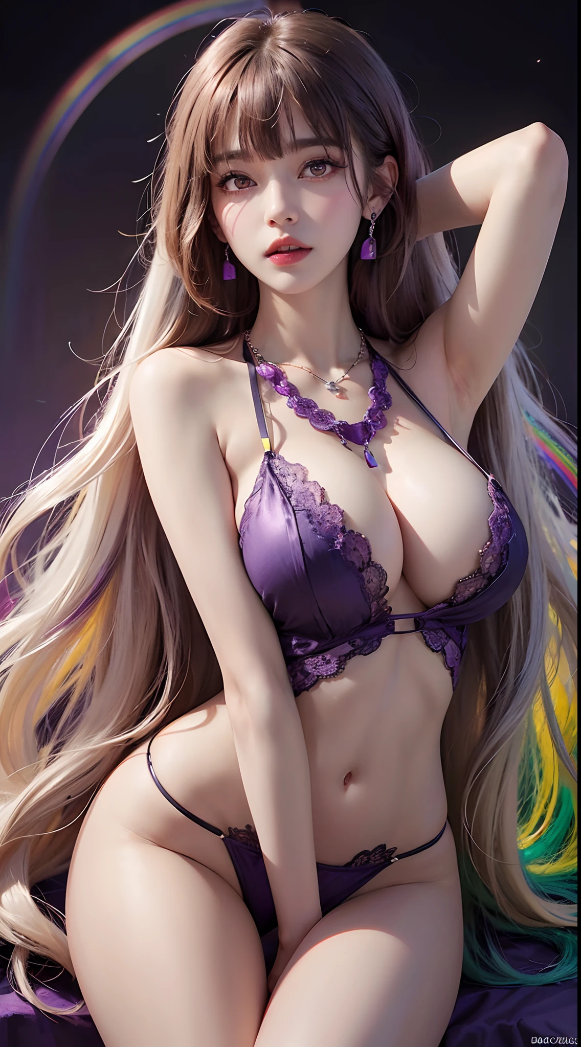 A beautiful and sexy 20 year old girl, wearing a super thin red dress, ((long hair with bangs dyed in 7 rainbow colors:1.6)), the most detailed jewelry and beautiful hair, ((wears purple lace necklace:1.6) )), Super cute small face, very pretty face, thin eyebrows, flawless beautiful face, ((black eye pupil: 0.8)), very beautiful eyes, ((red eyes pale:1.5)), beautiful makeup and detailed eyelashes, steamy eye makeup, high nose, earrings, red lips, ((closed mouth:1;5 )) beautiful lips, slim hands, most beautiful thighs, ((arms spread out to the sides: 1.5)), rosy face, clean face, flawless beautiful face, smooth white skin, (big breasts: 1.5)), ((high breasts: 1.6)), Breasts plump, beautiful cleavage, ((big and super round breasts: 1.8))), ((super tight breasts: 1.5)), beautiful breasts, back arms, beautiful girl's upper body, 8k photo, quality super high, hyper realistic, 10x super pixel, photorealistic, dark studio, light edges, two-tone bright, (high detail skin:1.2), super 8k, soft light, high quality, lighting volumetric, realistic, Photo, high resolution, light, best photo, 4k, 8k quality, blur effect, Smooth and sharp, 10 x pixels, (galaxy: 1.7), aurora, lightning, surreal graphics, most realistic graphics, alone, solo, Extremely sharp, surreal images, (((frontal portrait:1.3)))."