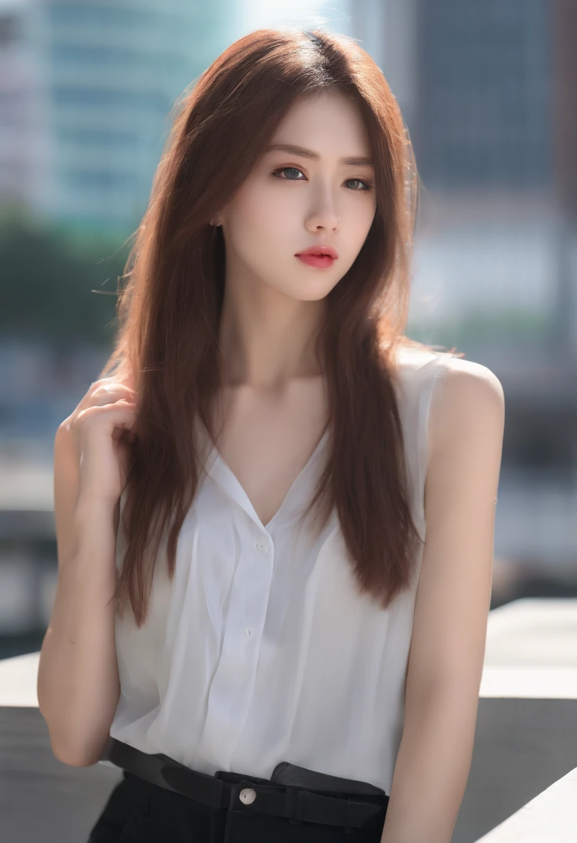 mix4, (8K, Raw photography, top-quality, masterpiece: 1.45), (realisitic, Photorealsitic: 1.37),japanes,( one girls), cute little, Cityscape, natta, Sateen, Wetty, profetional lighting, photon maping, Radio City, physically-based renderingt, Gradient black hair, white hair, short curly hair, a handsome, girl with, White sleeveless shirt, top quality photo, hight resolution, 1080p, (clearface), (Detailed face description), (Detailed hand description), (masterpiece), (Exquisite CG), extreme light and shadows, dishevled hair, masterpiece, lush detail, (Fine facial features), (Highest Quality Photos), (masterpiece), (finely eye), Look in front of you, Fine clavicle, ((Small breasts)),