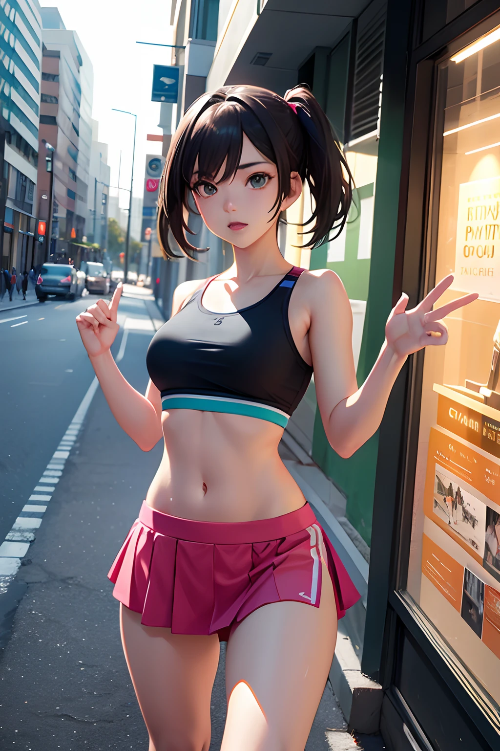 Imagine a vibrant scene，An energetic anime girl takes to the streets on an energetic jog, Wear a stylish sports bra and a flowing skirt. Creative lighting styles enhance the dynamic atmosphere, Cast a mesmerizing glow on her as she moves firmly. Meticulous details，And render in stunning 10k high resolution, This artwork seamlessly blends the artistic medium of digital painting, Motion capture, and street photography. Take inspiration from anime styles, Realism, and urban contemporary, It depicts an anime girl embracing the energy and confidence of her fitness journey on a bustling street, Her short skirt adds a touch of talent and youthful charm.