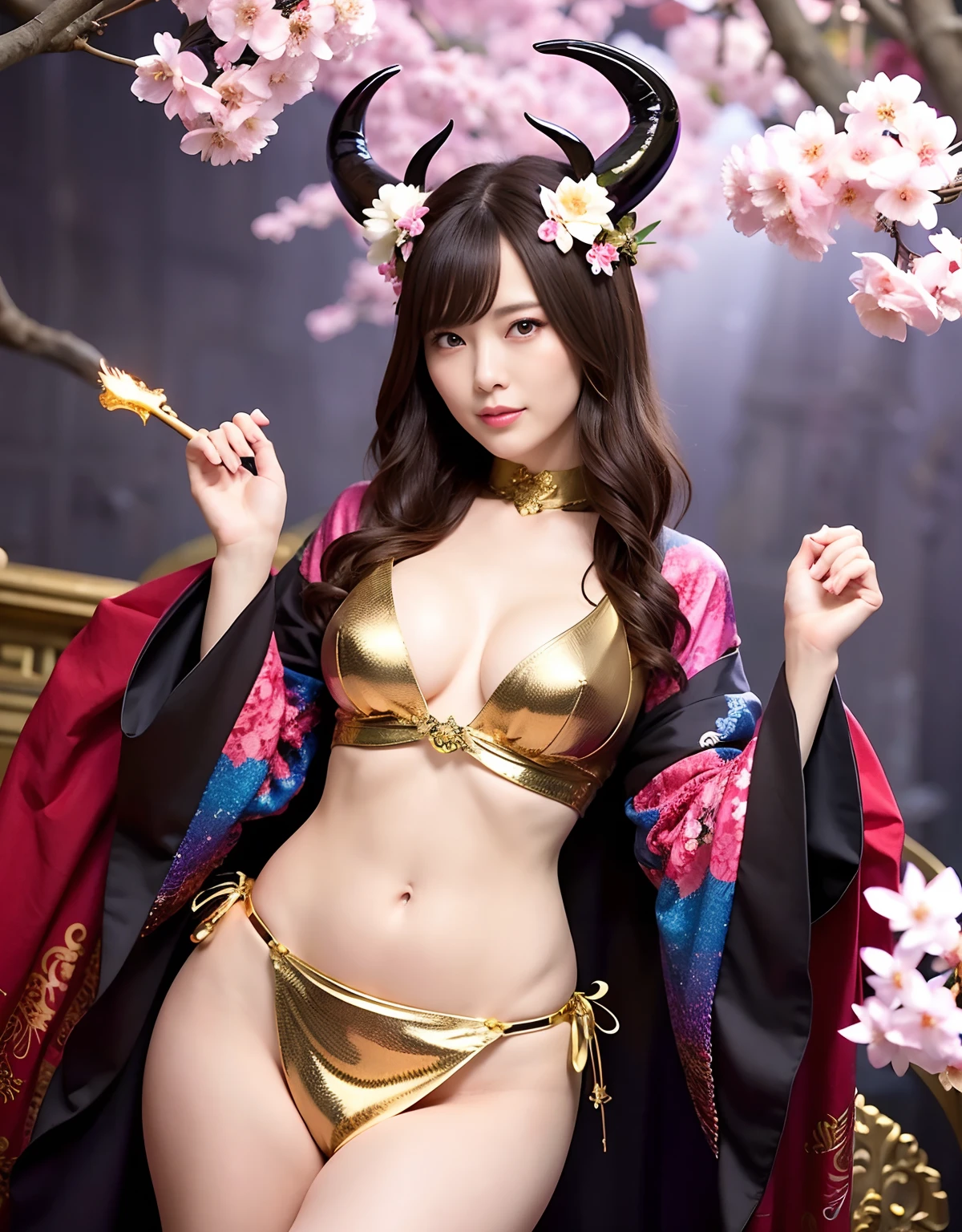 ((World of Darkness)),Professional , masterpiece、top-quality、photos realistic , depth of fields 、(sexypose)、(Background of cherry blossoms in full bloom),(Ultimate Beauty)、A dark-haired、()、(Kimono with beautiful pattern)、(Night background)、((Wearing a skeleton helmet)),(Wear a beautiful kimono),(Wear a beautiful kimono with colorful floral patterns)、Jewel Gold Weapon、Particles of light),(Has a devil's mask)、Gorgeous gold weapons ,Skeleton population、(( Gorgeous Dragon Sword)) , (a dark night),,(maikurobikini) 、((Black Haired Beautiful Girl))、(Castle background)、(demonic wings)、((Gangle's forest background))、Beautiful Caucasian beauty、1a person、dynamic ungle,(((Two devil's horns on the head)))、Smaller head、Idle Smile、Thin and beautiful female hands、Mystical expression、Light Effects、intense fighting、Wind-effect、magic circles、With the legendary magic wand、Dragon's tail、