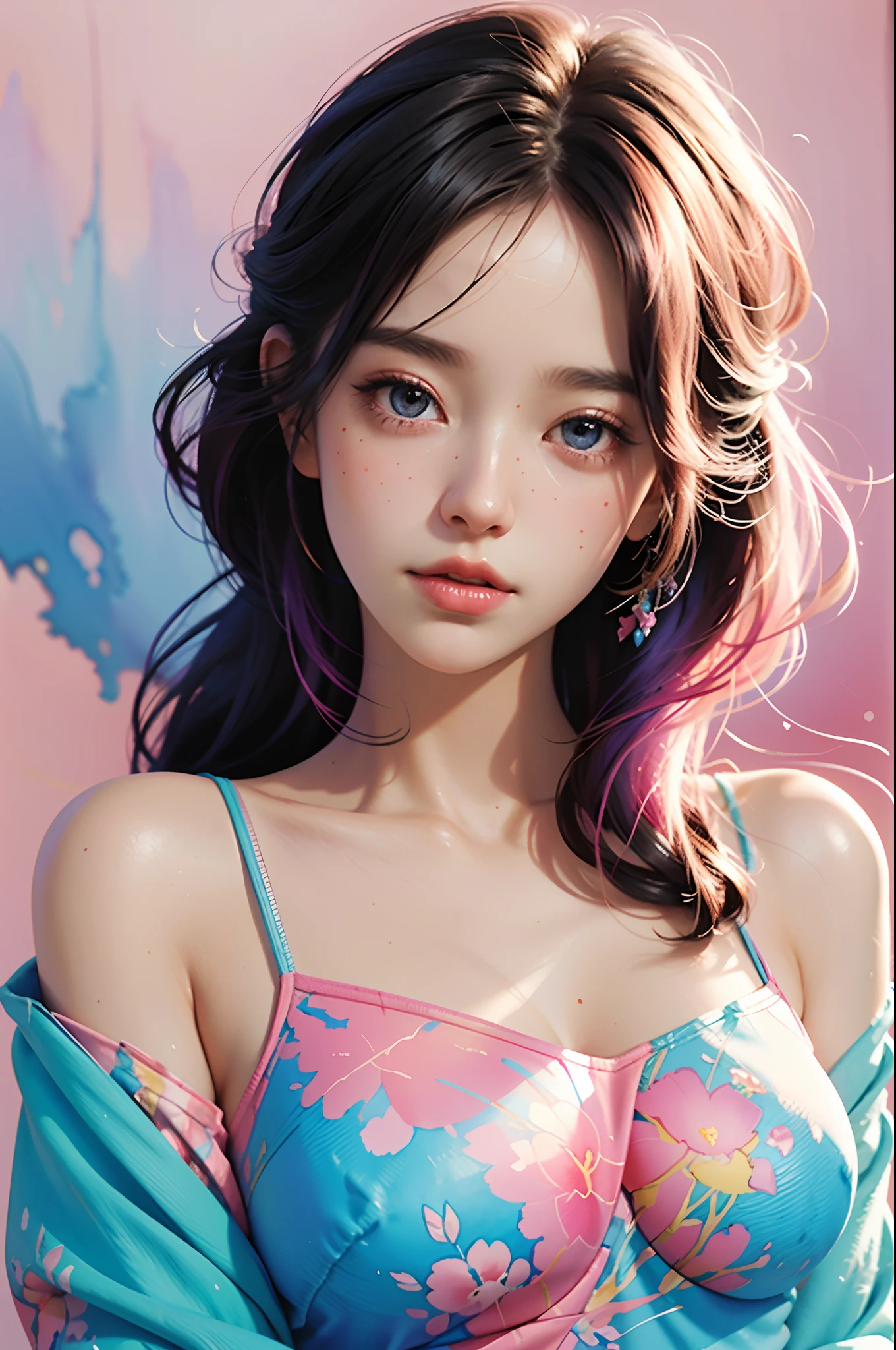 1girls, (large boobs:1.2), NSTDA., floral, Lycianthus ,In light pink and light blue styles..., Dreamy and romantic composition..., Light Pink, Intangible slip, Fun arrangement, fantasy, high contrast, Ink strokes, explosions, Over touch, Impression of purple and red tones , abstract, Negative Space,
