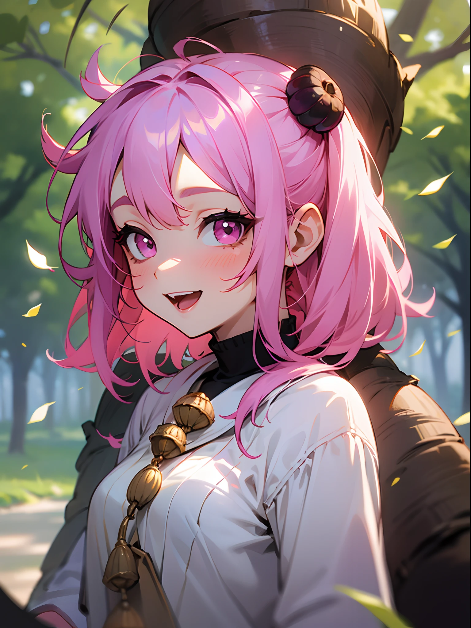 girl、Pink hair、Pink eyes、looking at the viewers、laugh、Acorns in both nostrils