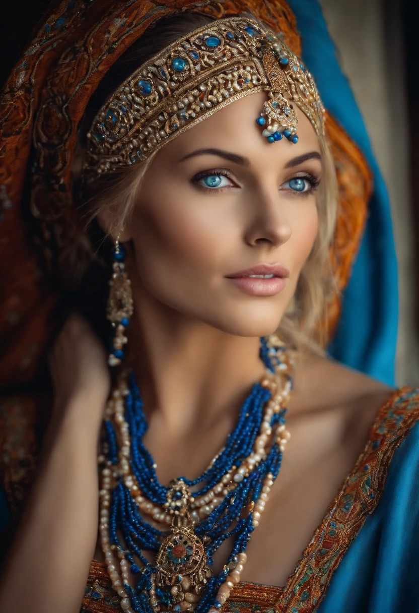 Very pretty blonde woman with blue eyes, qui porte plusieurs grands colliers de perles pourtant caftan marocain couvre son corps entier