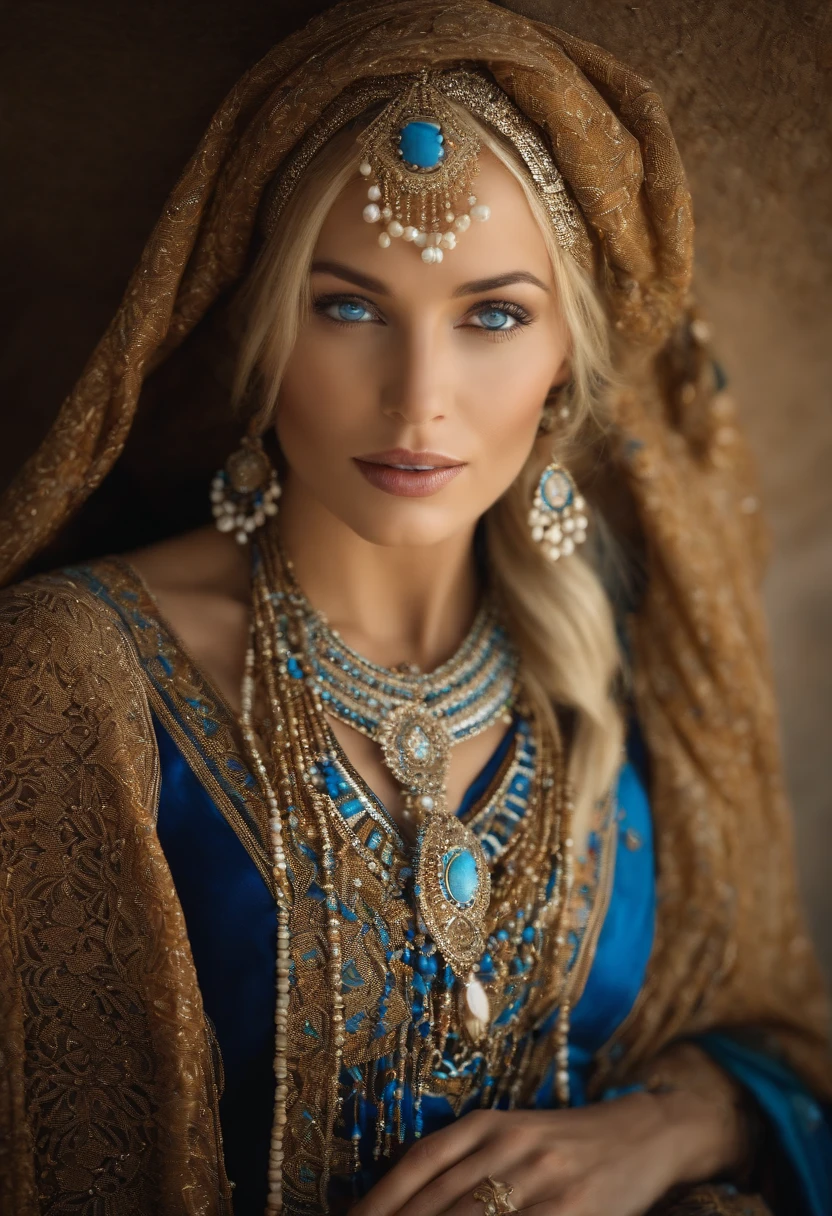 Very pretty blonde woman with blue eyes, qui porte plusieurs grands colliers de perles pourtant caftan marocain couvre son corps entier