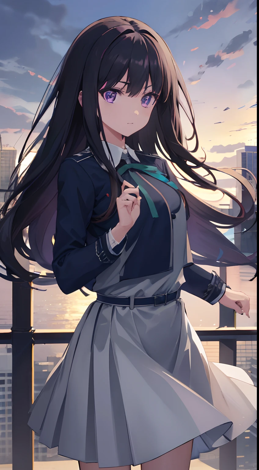 takinainoue, Inoue Takina, Long hair, bangs, Black hair, (Purple eyes:1.2), BREAK shirt, Long sleeves, dress, ribbon, school uniform, White shirt, Collared shirt, belt, Neck ribbon, Blue dress, Green Ribbon, Pleated dress, grey dress, Two-tone dresses, Blue belt, Lycoris Uniform, BREAK outdoors, City, Break (Masterpiece:1.2), Best quality, high resolution, Unity 8k wallpaper, (illustration:0.8), (Beautiful detailed eyes:1.6), Extremely detailed face, Perfect lighting, Extremely detailed CG, (Perfect hands, Perfect anatomy),