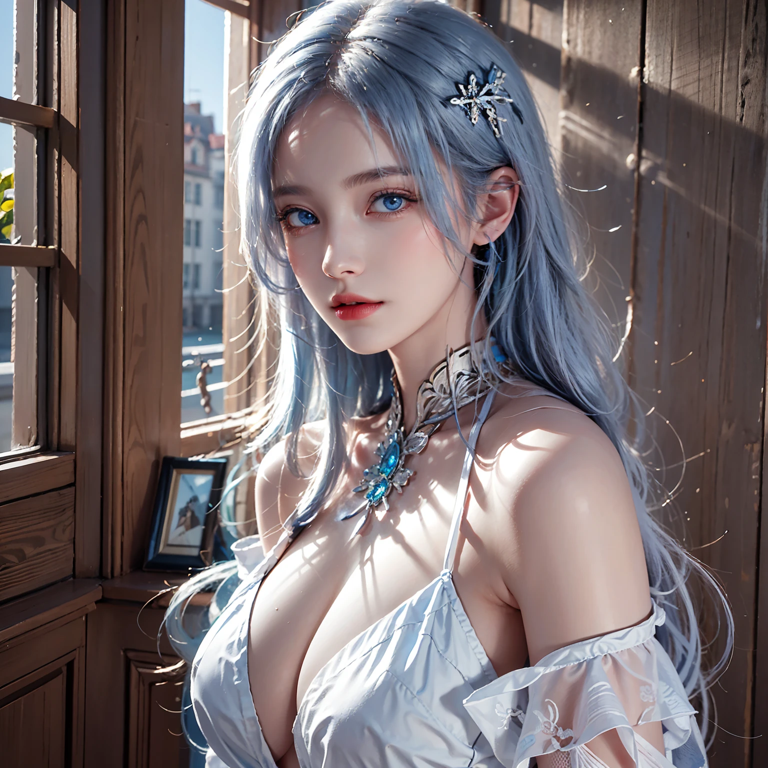 photography awards, masterpiece, blue hair, blue eyes, photorealistic, high resolution, soft light,1women, solo, shirt