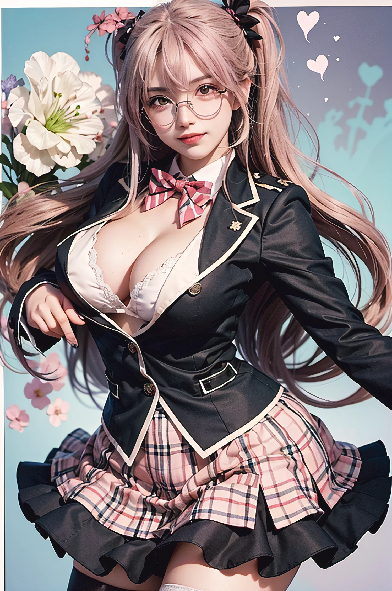 Anime girl in uniform with bow tie and glasses, oppai, Big breasts!!, with a big chest, Big breasts!, Teasing smile, Ecchi, Ecchi style, Ecchi anime style, fluffy chest, a hyperrealistic schoolgirl, Realistic Schoolgirl, ( ( misa amane # ) ), Twin-tailed, Seductive Anime Girl, 1girl in, Floral, Lysianthus ,Light pink and light blue styles, dreamy and romantic compositions, Light pink, Intangible documents, Fun arrangement, Fantasy, High contrast, Ink strokes, explosions, Overtouch, purple and red tone impression , Abstract, negative space,