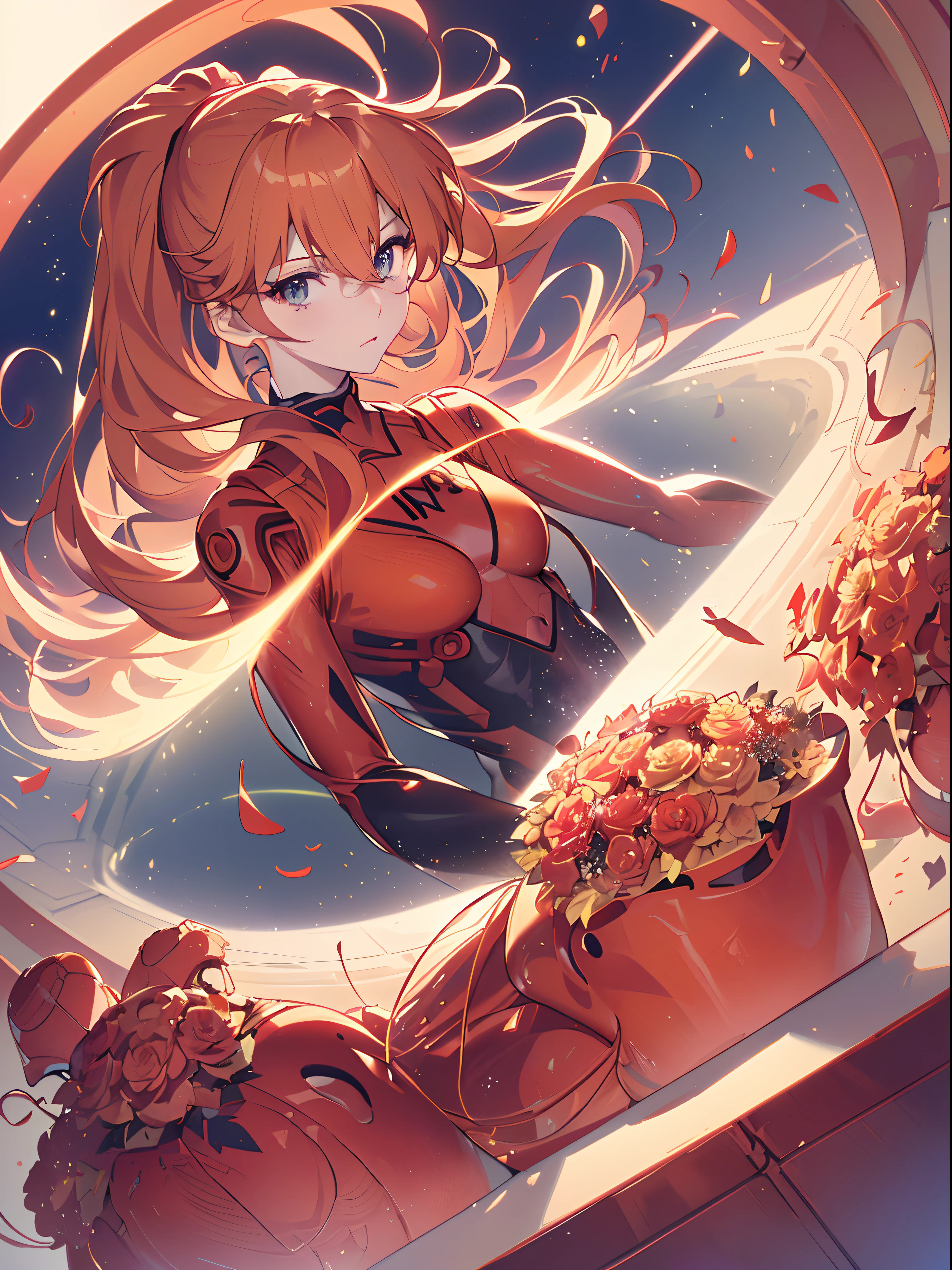 ((souryuu asuka langley,bodysuit,red plugsuit1.2,Blonde,high ponytail)),(Glowing eyes:1.233), diffuse reflection, high-profile, majestic,(Tsundere,very blushing face,)(Beautiful and detailed eyes:1.3),1girl,Solo,(Masterpiece,Best quality, offcial art,Target the audience, Beautiful and aesthetic:1.2),(超高分辨率,Golden ratio, (4K), looking from above,((flower bouquet)),Floating, (photon maping, Radio City, Physically-based rendering,automatic white balance),Amazing,Sharp focus,Rich background, (((high detailed skin,)))Dynamic lighting,Intricately detailed clothing,Watery eyes,(masterpiece sidelighting),(a beauty girl,The sheen),[[Delicate fingers and hands:0.55]::0.85],(Detail fingers),((((BREAK,Design an image with a fisheye lens effect, capturing a wide field of view with a distinctive, curved perspective:1.4.BREAK,)))Superior photographic quality((extremely_Detailed_Eyes_and_face)),(Disheveled hair),Movie girl,