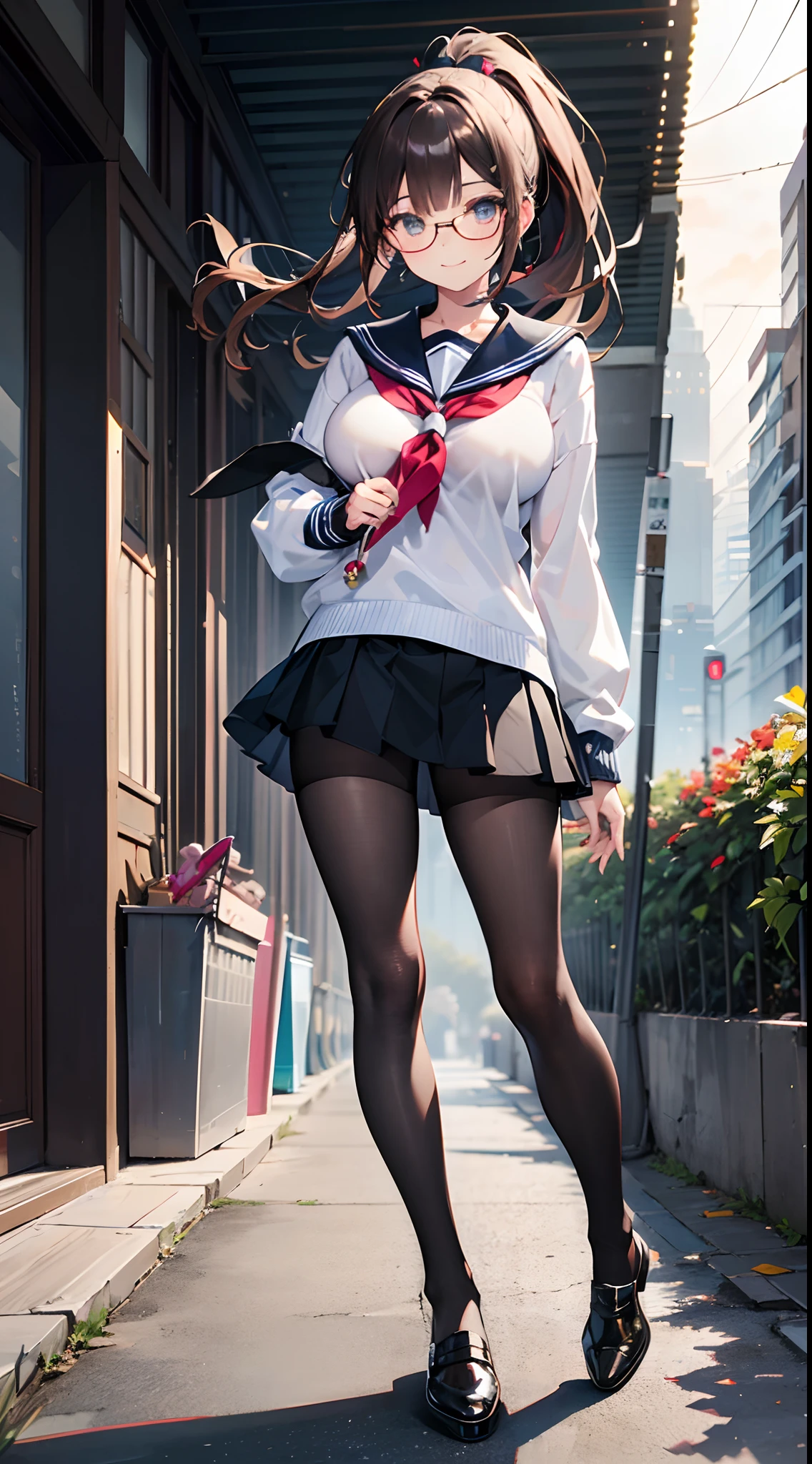 ((masterpiece)), ((best quality)), (ultra-detailed), ((kawaii)), cute, (lovely), ((sexy)), (ero), ((extremely detailed)), 4K, (8K), best quality, (beautiful), watercolor pencil, realistic, real, focus on the face, full body focus, school, autumn, a pretty woman, solo, sailor suit, beautiful dark brown hair, beautiful purple eyes, ((beautiful eyes with highlights )), white-skinned, ponytail, transparent hair, translucent hair, large breast, tights, glasses, smile, neon light, wind effect, reflection effect