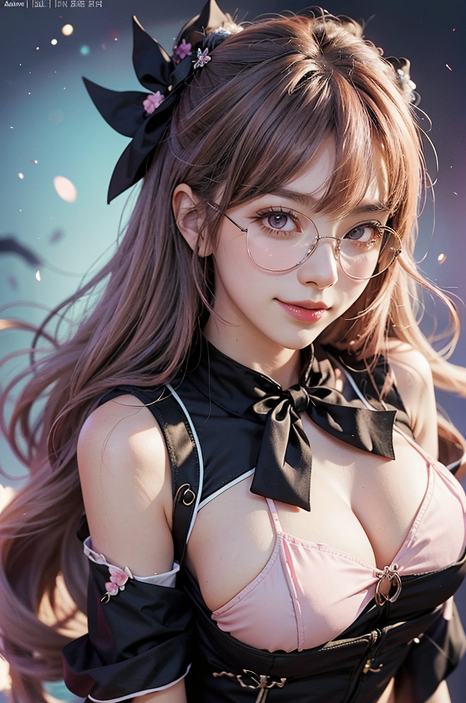 Anime girl in uniform with bow tie and glasses, oppai, Big breasts!!, with a big chest, Big breasts!, Teasing smile, Ecchi, Ecchi style, Ecchi anime style, fluffy chest, a hyperrealistic schoolgirl, Realistic Schoolgirl, ( ( misa amane # ) ), Twin-tailed, Seductive Anime Girl, 1girl in, Floral, Lysianthus ,Light pink and light blue styles, dreamy and romantic compositions, Light pink, Intangible documents, Fun arrangement, Fantasy, High contrast, Ink strokes, explosions, Overtouch, purple and red tone impression , Abstract, negative space,