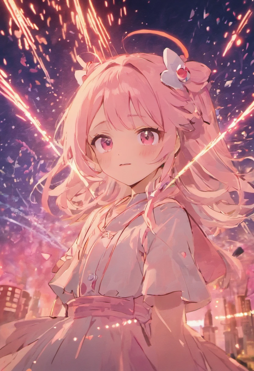 the night，in pink，Fireworks all over the sky，Heart-shaped bubbles，Child couple，comic strip，Chubby little girl and little boy hugging each other，Glowing fireflies fly around，，pretty and cute，Kids Illustration，glow effect，dingdall effect，depth of fields，highlight，Real Light，Ray traching，OC rendering，Hyper-realistic，best qualtiy，8K，Works of masters，super-fine，Detailed pubic hair，Correct anatomy，sharp focus on eyes，Bokeh，Facial features are carefully drawn
