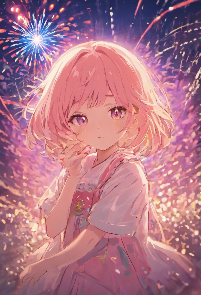the night，in pink，Fireworks all over the sky，Heart-shaped bubbles，Child couple，comic strip，Chubby little girl and little boy hugging each other，Glowing fireflies fly around，，pretty and cute，Kids Illustration，glow effect，dingdall effect，depth of fields，highlight，Real Light，Ray traching，OC rendering，Hyper-realistic，best qualtiy，8K，Works of masters，super-fine，Detailed pubic hair，Correct anatomy，sharp focus on eyes，Bokeh，Facial features are carefully drawn