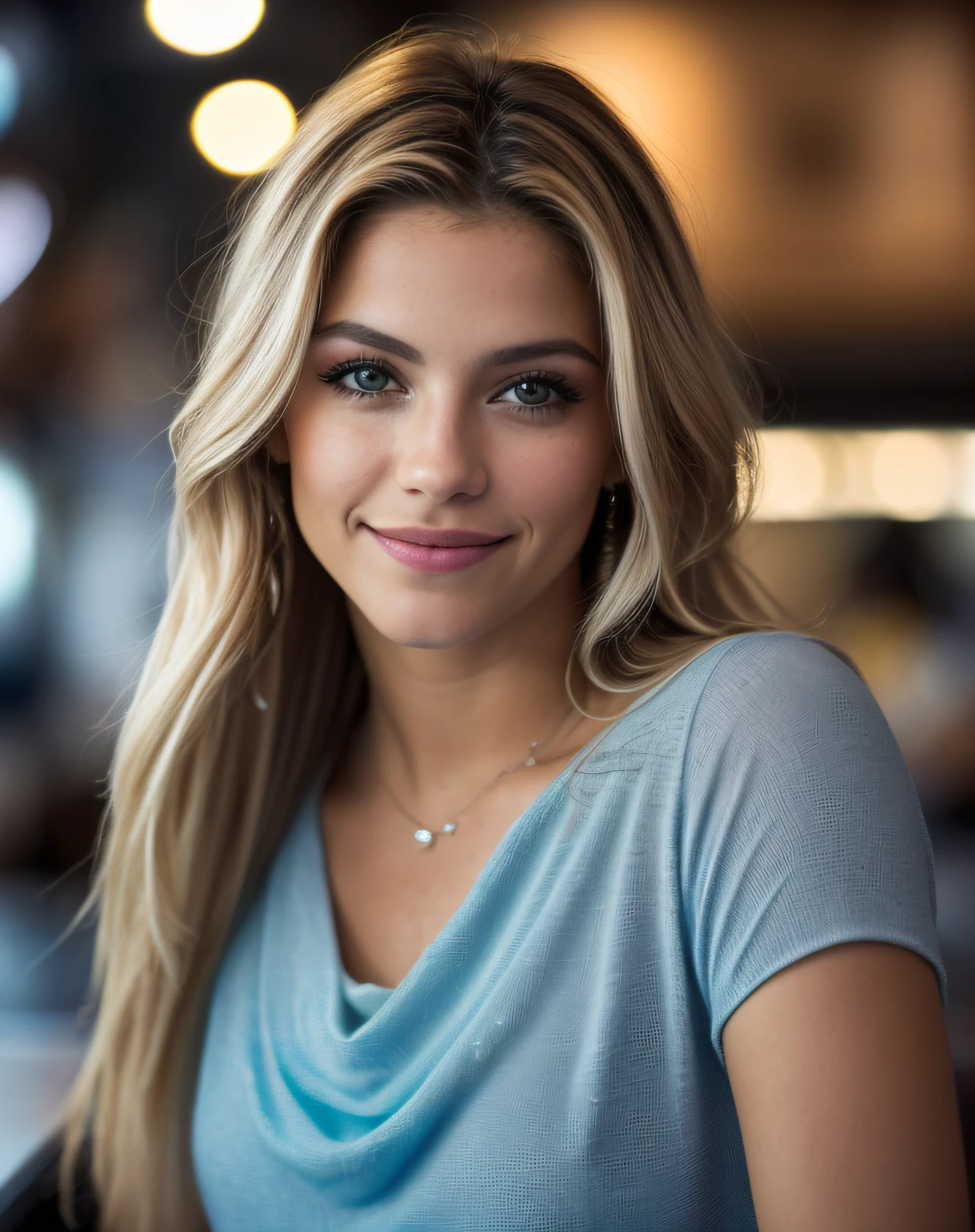 (Foto selfie, desde arriba: 1.4), (Retrato de cuerpo entero: 1.4), 18-year-old blonde (jovencita de ojos azules) caminando en un bar RAW uhd foto de retrato, pecho natural_b, en la cama, (vestido de sol amarillo), (grieta), Detallado (textura!, cabello!, brillar, Color!!, Defectos: 1.1), Ojos brillantes muy detallados, (Looking at camera), luz especular, DSLR, Calidad extrema, foco nítido, afilado, DOF, Film grain, (centrado), Fujifilm XT3, Cristalina, Centro del marco, cara linda, foco nítido, farola, Neon lights, Bokeh, (luz oscura), discreto, Noche, (cielo nocturno ) poros detallados de la piel, aceite Piel oscura, brown, Detalles oculares complejos, Alejar