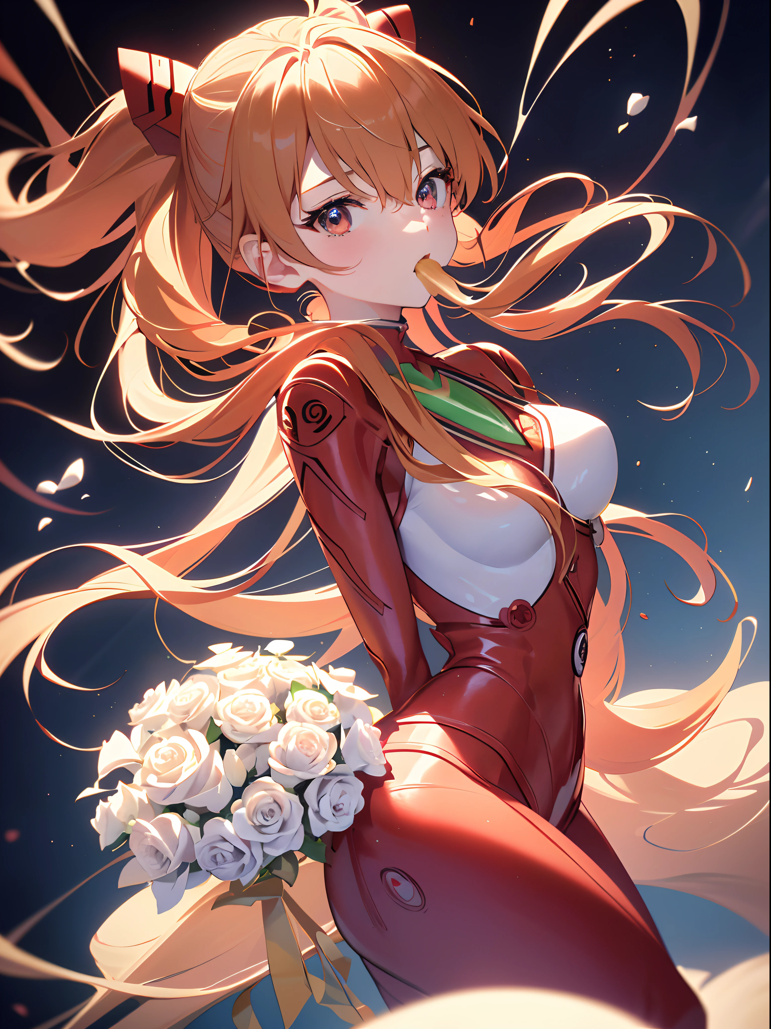 ((souryuu asuka langley,bodysuit,red plugsuit1.2,Blonde,high ponytail)),(Glowing eyes:1.233), diffuse reflection, high-profile, majestic,(Tsundere,very blushing face,)(Beautiful and detailed eyes:1.3),1girl,Solo,(Masterpiece,Best quality, offcial art,Target the audience, Beautiful and aesthetic:1.2),(超高分辨率,Golden ratio, (4K), looking from above,((white flower bouquet in mouth,rose,)),Floating, (photon maping, Radio City, Physically-based rendering,automatic white balance),Amazing,Sharp focus,Rich background, (((high detailed skin,)))Dynamic lighting,Intricately detailed clothing,Watery eyes,(masterpiece sidelighting),(a beauty girl,The sheen),[[Delicate fingers and hands:0.55]::0.85],(Detail fingers),((((BREAK,Design an image with a fisheye lens effect, capturing a wide field of view with a distinctive, curved perspective:1.4.BREAK,)))Superior photographic quality((extremely_Detailed_Eyes_and_face)),(Disheveled hair),Movie girl,
