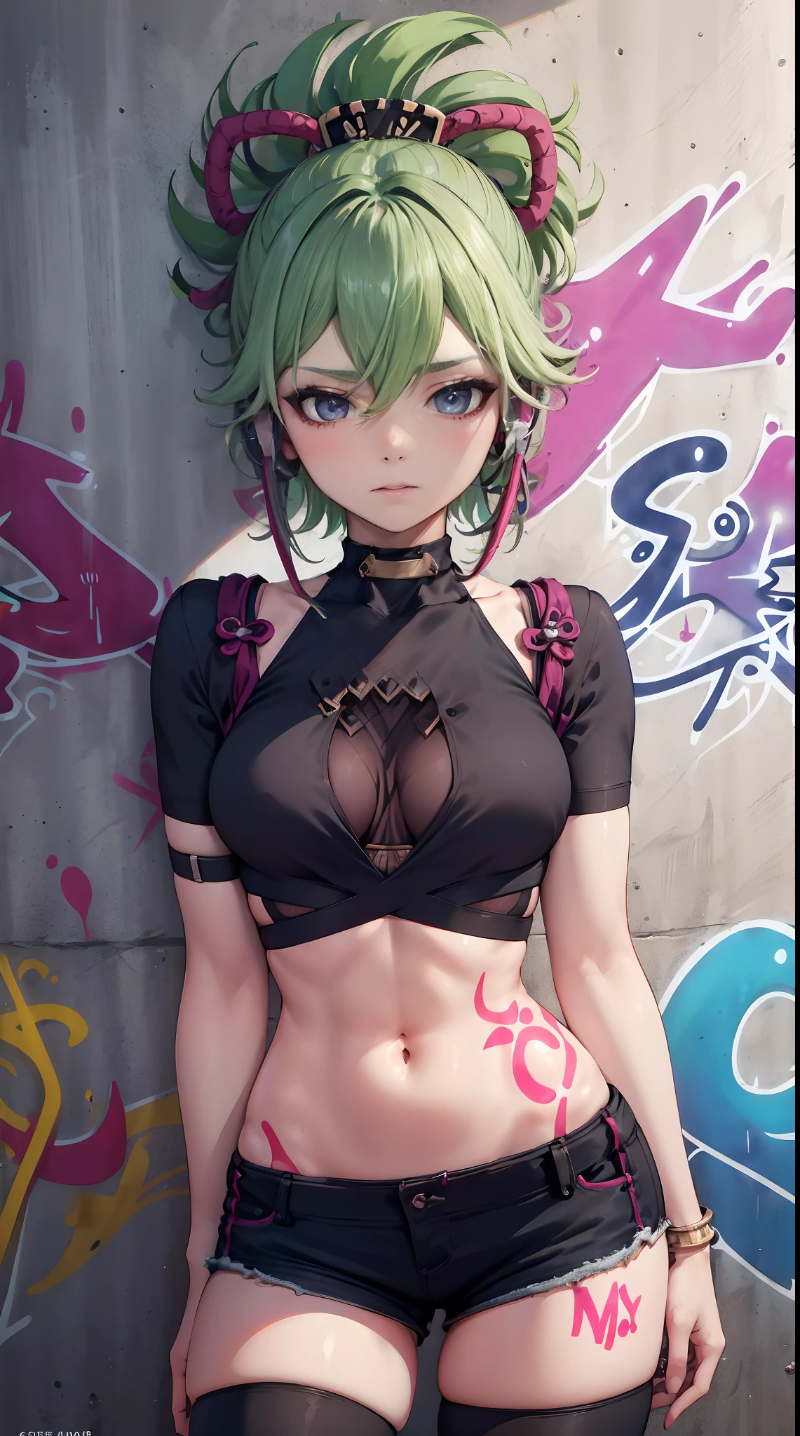 Kuki Shinobu Genshin Effect, masterpiece, bestquality, 1girls, mediuml breasts, bara, crop top, shorts jeans, choker, (Graffiti:1.5), color splashes, arm behind back, against wall, looking at the audience, bracelet, Thigh strap, Paint on the body..................................., Head tilt, bored, multicolored hair, water eyes, headset,