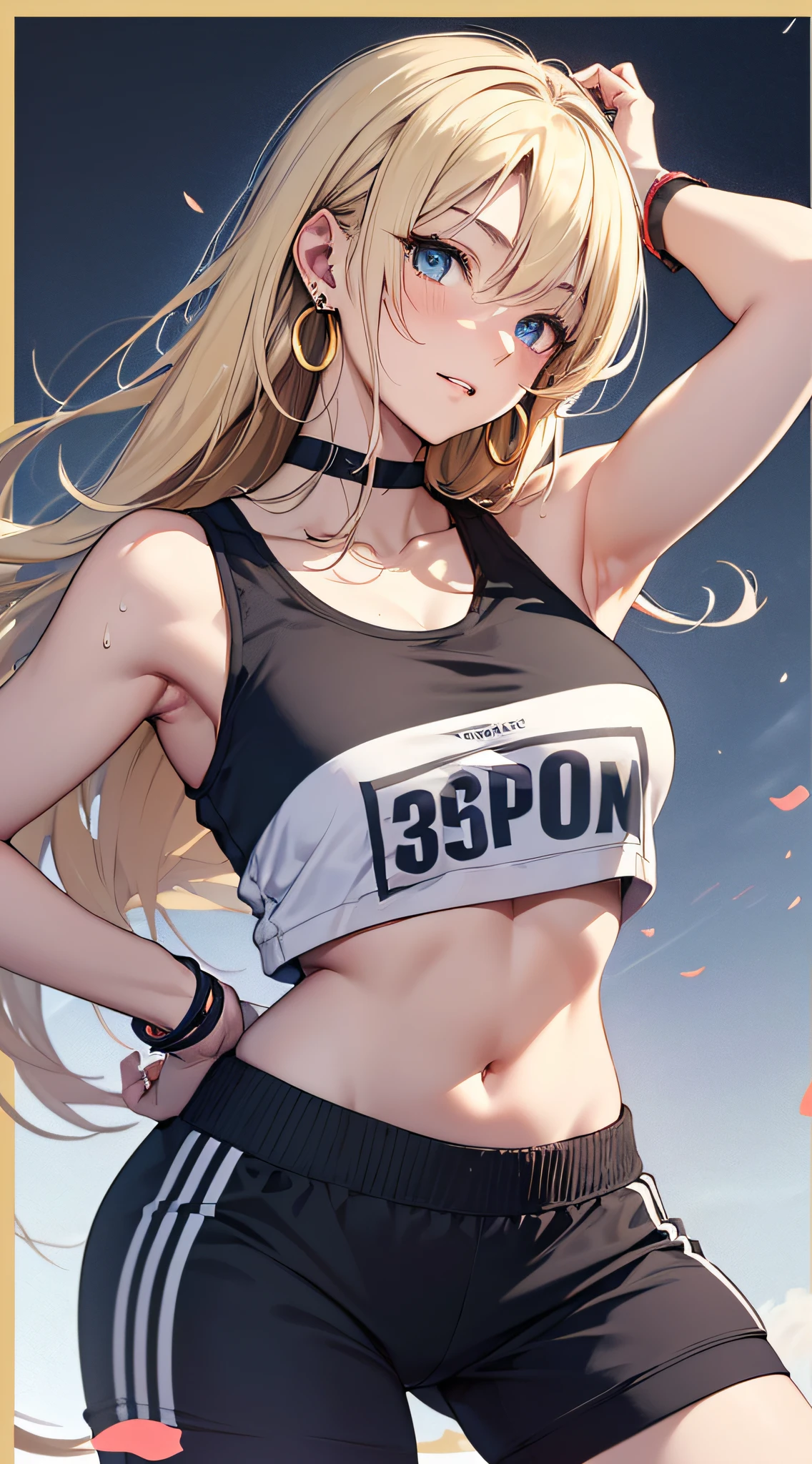 top-quality、Top image quality、​masterpiece、girl with((18year old、Sportswear、Black Sports Bra、blue short pants、Best Bust、Bust 85、a blond、Longhaire、Blue eyes、open chest wide、Valley、Happiness、Black wristband on wrist、A slender、Lean earrings facing the viewer、The wind blows、Sweating、Reach out your right hand)）hiquality、visualart、Background with((Gymnasium))、masutepiece、
