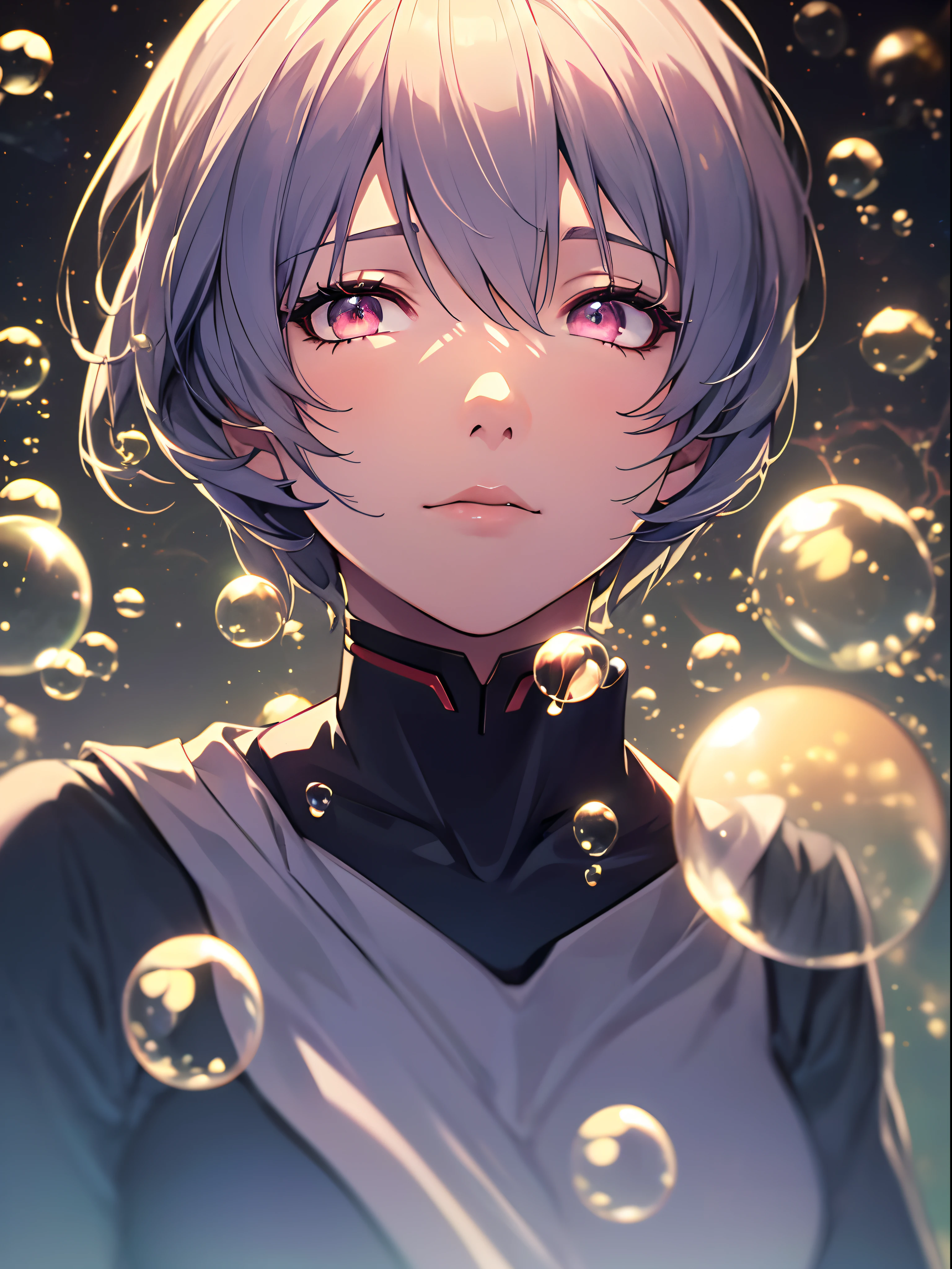 (((ayanami rei))),((((BREAK,Design an image with a fisheye lens effect, capturing a wide field of view with a distinctive, curved perspective.BREAK,)))1girl,solo,(masterpiece,best quality, official art,aim to viewers, beautiful and aesthetic:1.3),((ultra high res,golden ratio,)) (4k),((from above)),((((bubbles,))))dynamic lighting, cinematic lighting,(photon mapping, radiosity, physically-based rendering,automatic white balance), technological sense,Amazing,sharp focus,rich background, (((high detailed skin,)))dynamic lighting,intricate detailed outfit,glowing eyes,watery eyes,((short hair,))deadpan,skiny,slender,white plugsuit,headgear,(masterpiece sidelighting),(bishoujo,lustrous),(sky blue hair,pink eyes,）[[delicate fingers and hands:0.55]::0.85],(detail fingers),(((Ultra Photographic Quality,ultra wide angles)))),((incredibly absurdres)),full body shot,((extremely_detailed_eyes_and_face)),(disheveled hair),FilmGirl,(dynamic configuration: 1.2),Brilliant,drifting through a Nebula,stylish pose,ethereal, glossy finish, ,striking contrast,