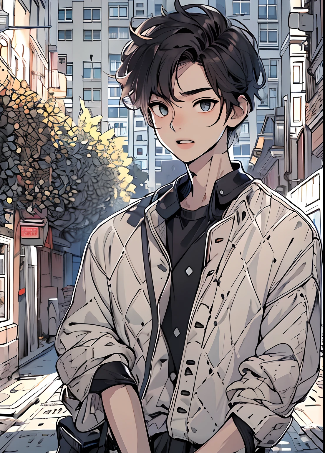 Boy student,Light-colored clothes,short detailed hair,Black color hair,The shirt,full bodyesbian,Third perspective,ren,adolable