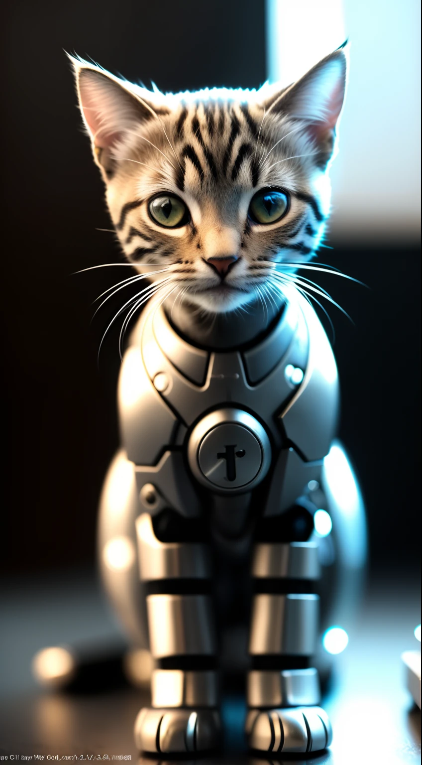 cute kitten made of metal, (cyborg: 1.1), ([tail | detailed wire]: 1.3), (complex detail), HDR, (complex detail, super detail: 1.2), cinematic shot, vignette, center