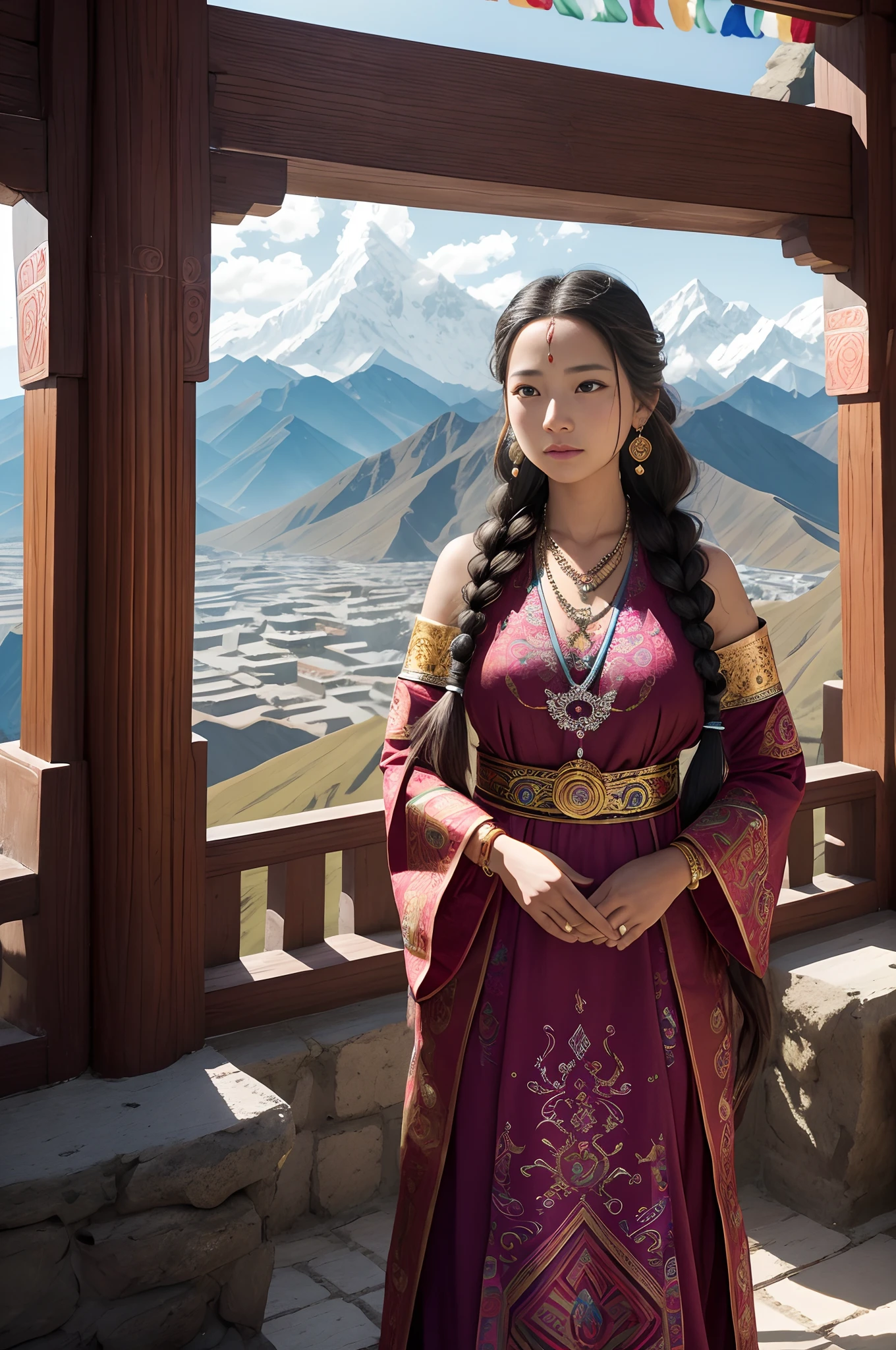 (dramatic, gritty, intense:1.4),masterpiece, best quality, 8k, details, intricate details, hyperdetailed, hyper quality, high detail, ultra detailed, Masterpiece,,bestquality,highdefinition,huadan,bestquality,masterpiece,highres,,(full body:1.5),depth of field,blurry,blurry background,fringe trim,bracelet,layered sleeves, puffy sleeves,,solo focus,1girl,solo,jewelry,very long hair,hair ornament,earrings,black hair,forehead mark,facialwind,mole under eye,bracelet,beads,scarf ,tattoo,,braid,multiple braids,floating hair,blue eyes,,in Tibet, Potala Palacawe-inspiring view, standing, arms wide open,amazed expression, long flowing hair, traditional Tibetan braids,rosy cheeks, wearing a vibrant Tibetan dress,adorned with colorful patterns and intricate embroidery, silver jewelry, turquoise necklace, peaceful surroundings, Himalayan mountains in the background, prayer flags fluttering in the wind, golden sunlight illuminating the palace, spiritual quest, sense of tranquility, sacred atmosphere, cultural heritage, architectural marvel.,