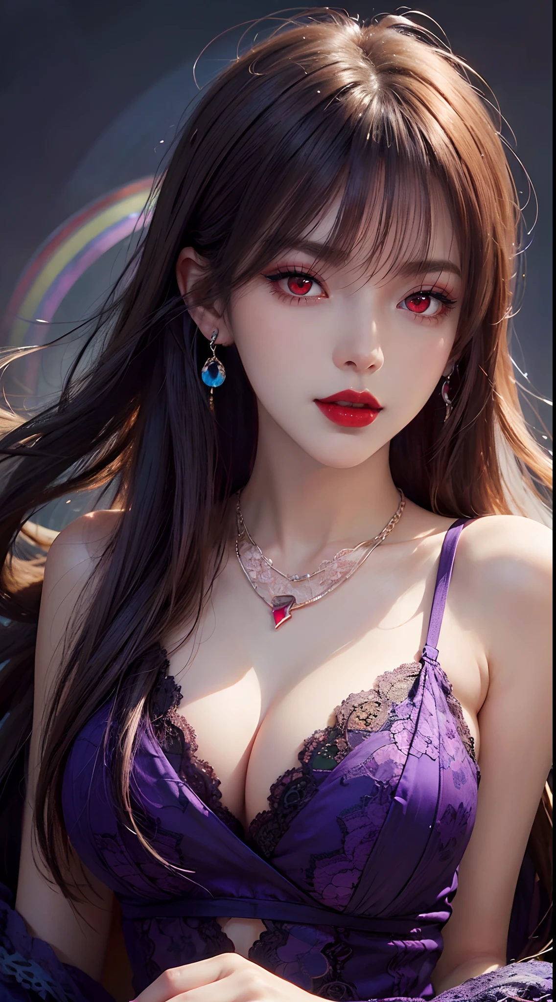A beautiful and sexy 20 year old girl, wearing a super thin red dress, ((long hair with bangs dyed in 7 rainbow colors:1.6)), the most detailed jewelry and beautiful hair, ((wears purple lace necklace:1.6) )), Super cute small face, very pretty face, thin eyebrows, flawless beautiful face, ((black eye pupil: 0.8)), very beautiful eyes, ((red eyes pale:1.5)), beautiful makeup and detailed eyelashes, steamy eye makeup, high nose, earrings, red lips, ((closed mouth:1;5 )) beautiful lips, slim hands, most beautiful thighs, ((arms spread out to the sides: 1.5)), rosy face, clean face, flawless beautiful face, smooth white skin, (big breasts: 1.5)), ((high breasts: 1.6)), Breasts plump, beautiful cleavage, ((big and super round breasts: 1.8))), ((super tight breasts: 1.5)), beautiful breasts, back arms, beautiful girl's upper body, 8k photo, quality super high, hyper realistic, 10x super pixel, photorealistic, dark studio, light edges, two-tone bright, (high detail skin:1.2), super 8k, soft light, high quality, lighting volumetric, realistic, Photo, high resolution, light, best photo, 4k, 8k quality, blur effect, Smooth and sharp, 10 x pixels, (galaxy: 1.7), aurora, lightning, surreal graphics, most realistic graphics, alone, solo, Extremely sharp, surreal images, (((frontal portrait:1.3)))."