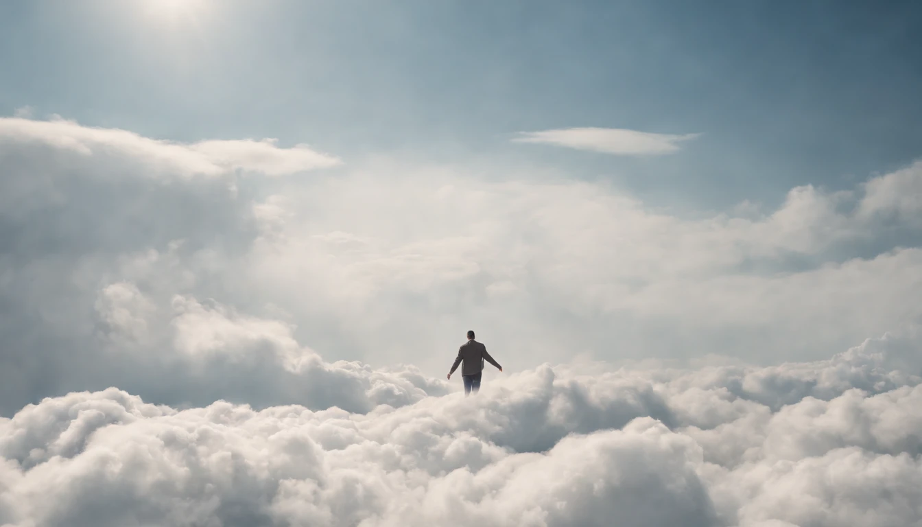a man in the sky walking on the clouds