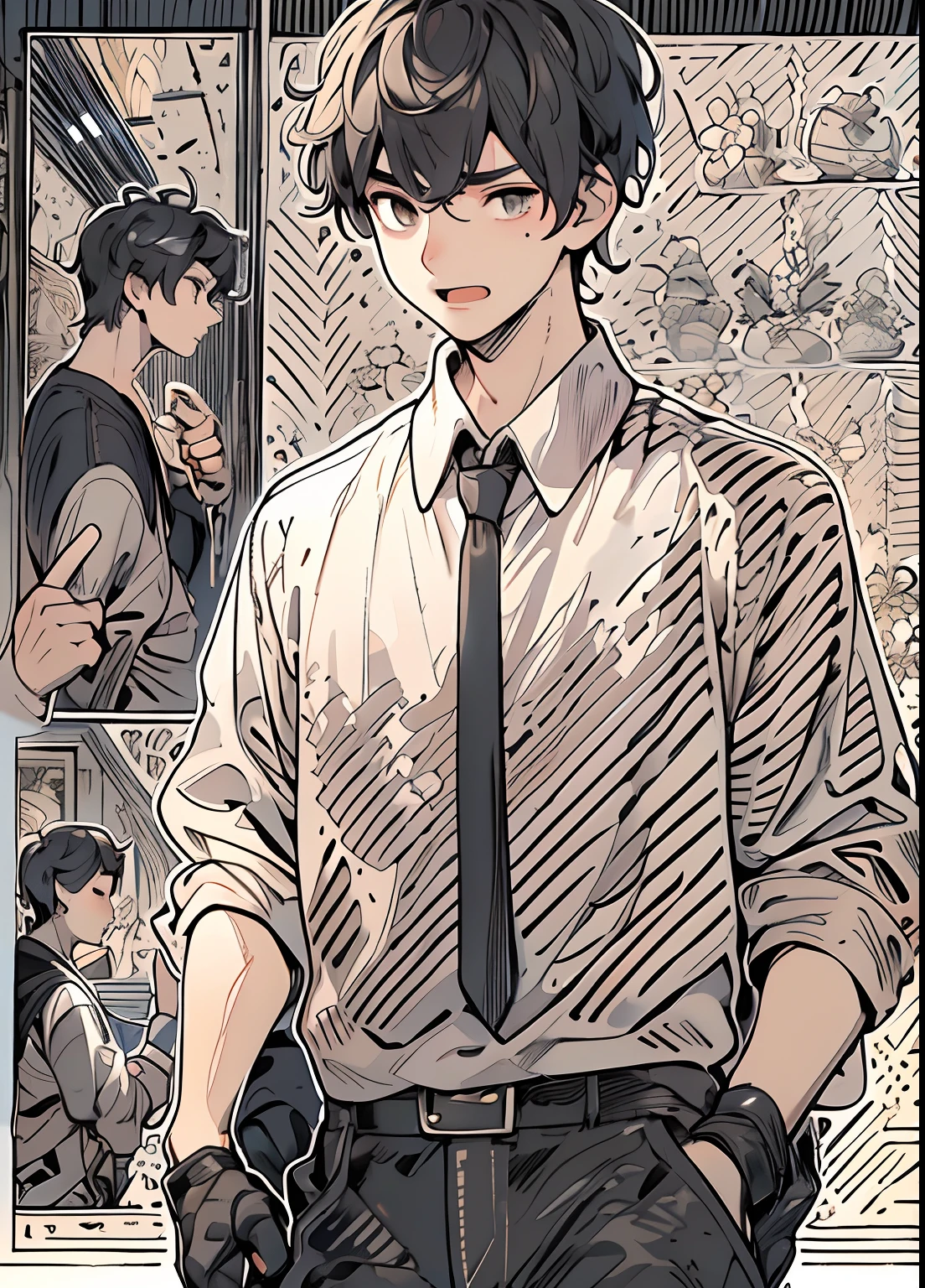 Boy student，Light-colored clothes，short detailed hair，Black color hair，The shirt，full bodyesbian，Third perspective，gaffe