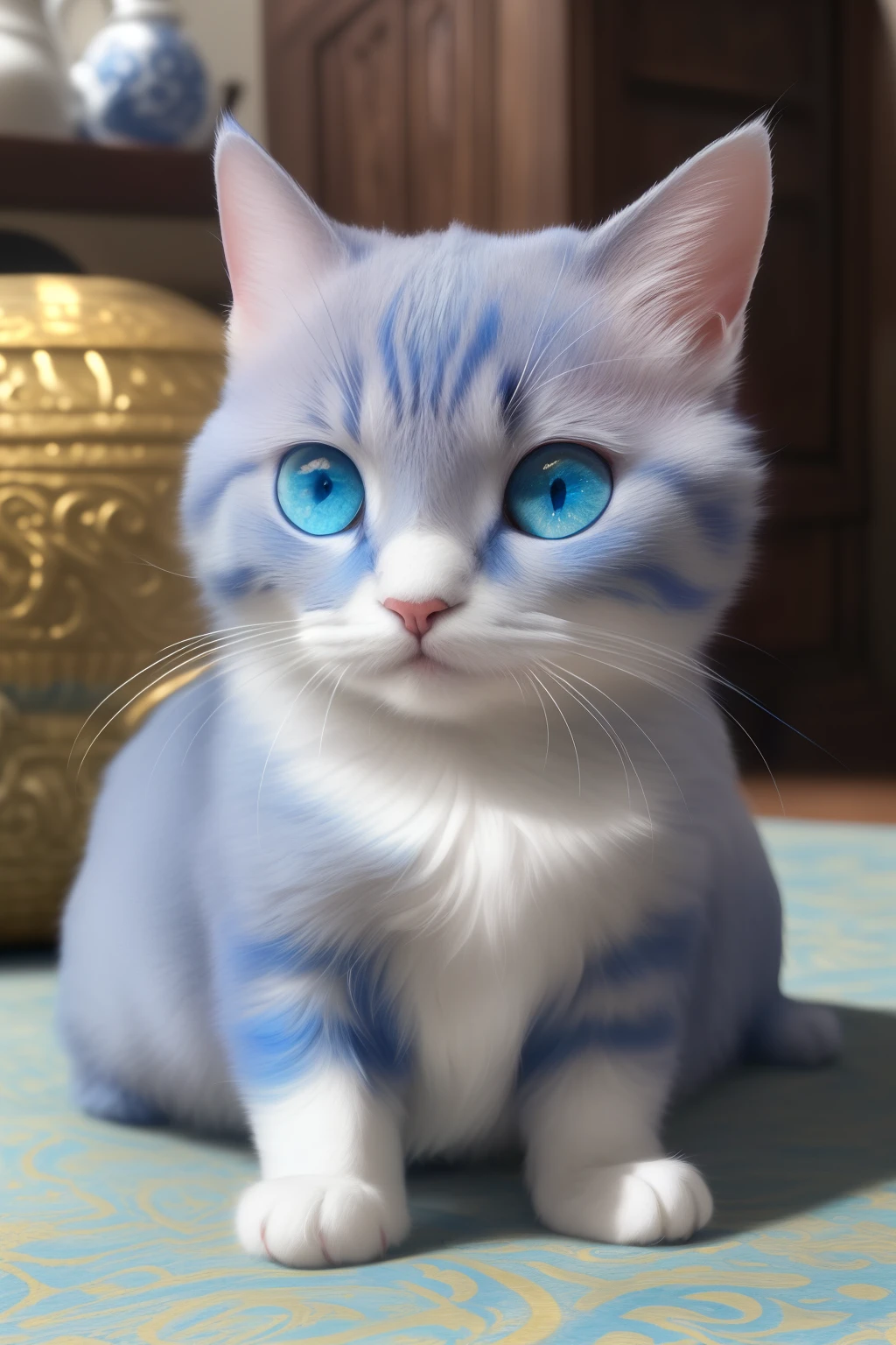 (master part, ultra high-resolution, photo-realistic:1.3), adorable cute cat, (pele azul e branca vibrantee:1.2), (olhos azuis cintilantes:1.4), tiny pink nose, enrolado, Comfortable, Close-up, olhando diretamente para o espectador, (Whiskers on full display:1.1), soft warm lighting, interiores aconchegantes, (mesa de madeira vintage:1.1), (tapete persa ricamente texturizado:1.2), intricate patterns, bolas coloridas de fios espalhados, cores frias, vibrante, (Almofada de veludo azul profundo:1.2), ambiente aconchegante, peaceful