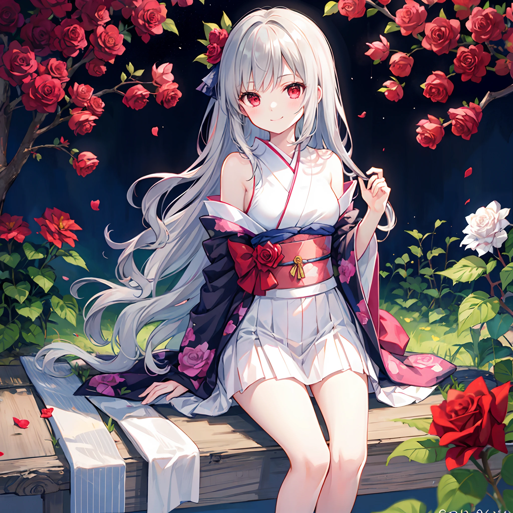 Wavy Gray Hair、red eyes、Beautiful girl alone、Kimono、rose garden、a smile、sitting on