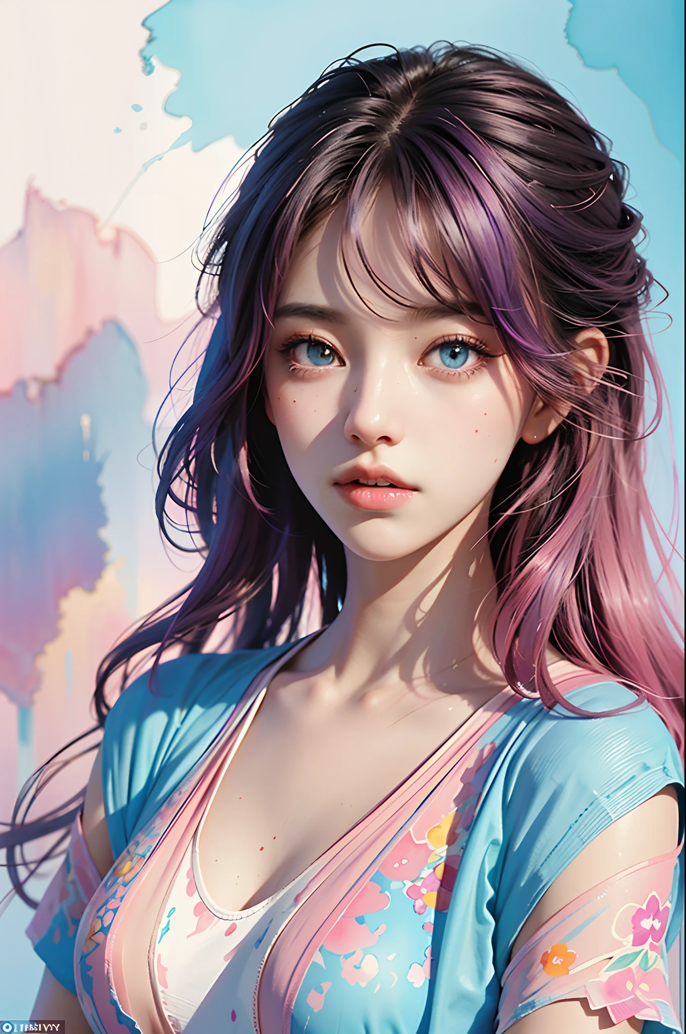A woman with long hair and a blue top posing for a picture - SeaArt AI
