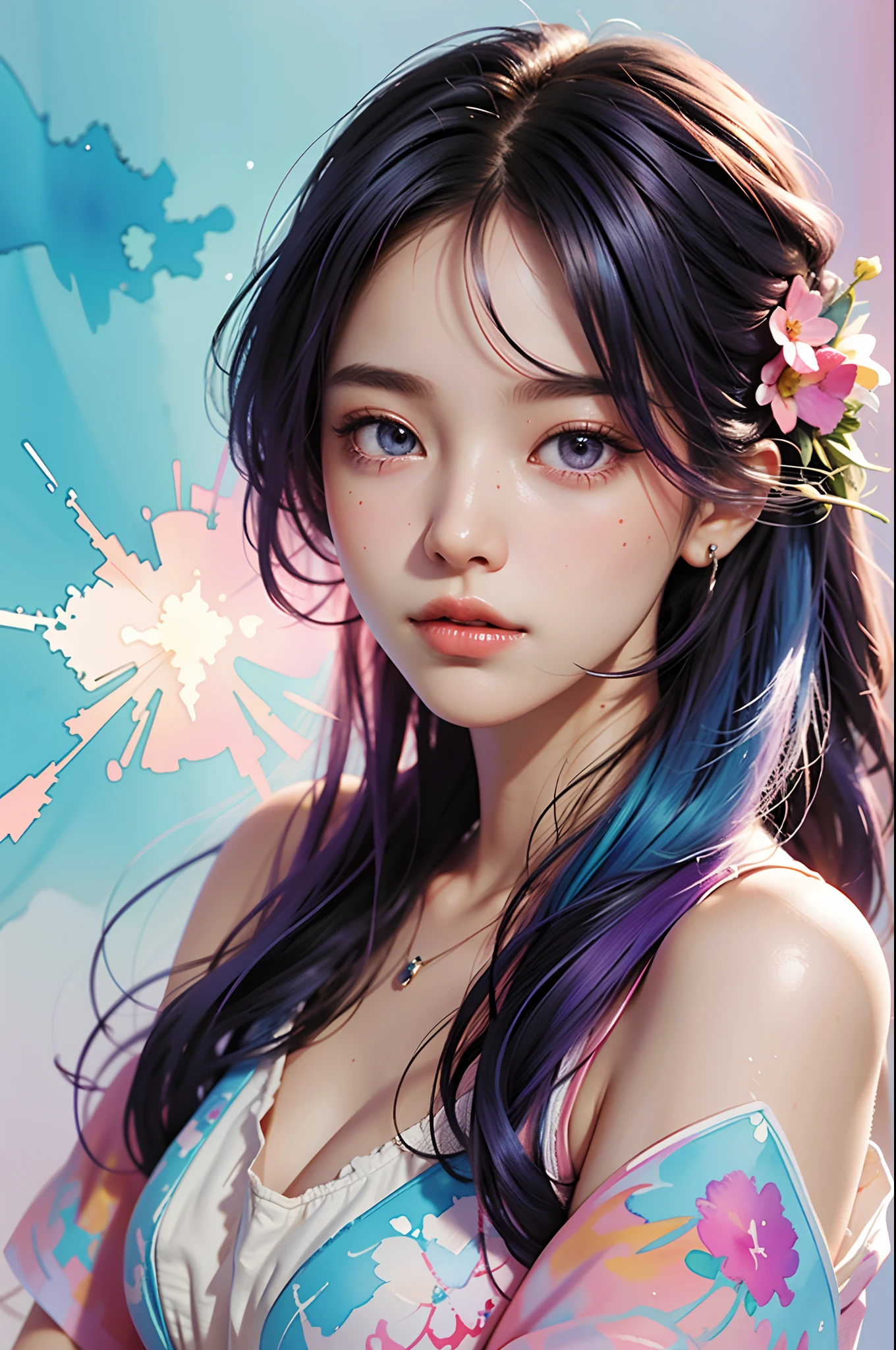 1girls,floral, Lycianthus ,In light pink and light blue styles...., Dreamy and romantic composition...., Light Pink, Intangible slip, Fun arrangement,fantasy, high contrast, Ink strokes, explosions, Over touch, Impression of purple and red tones , abstract, ((Watercolor paintings by John Berkey and Jeremy Mann )) brush stroke, Negative Space,