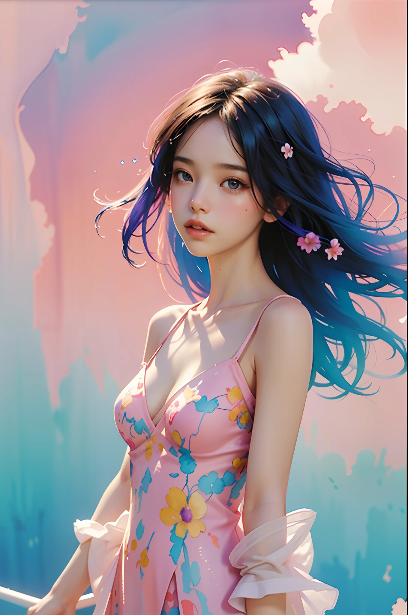 1girls,floral, Lycianthus ,In light pink and light blue styles..., Dreamy and romantic composition..., Light Pink, Intangible slip, Fun arrangement,fantasy, high contrast, Ink strokes, explosions, Over touch, Impression of purple and red tones , abstract, ((Watercolor paintings by John Berkey and Jeremy Mann )) brush stroke, Negative Space,