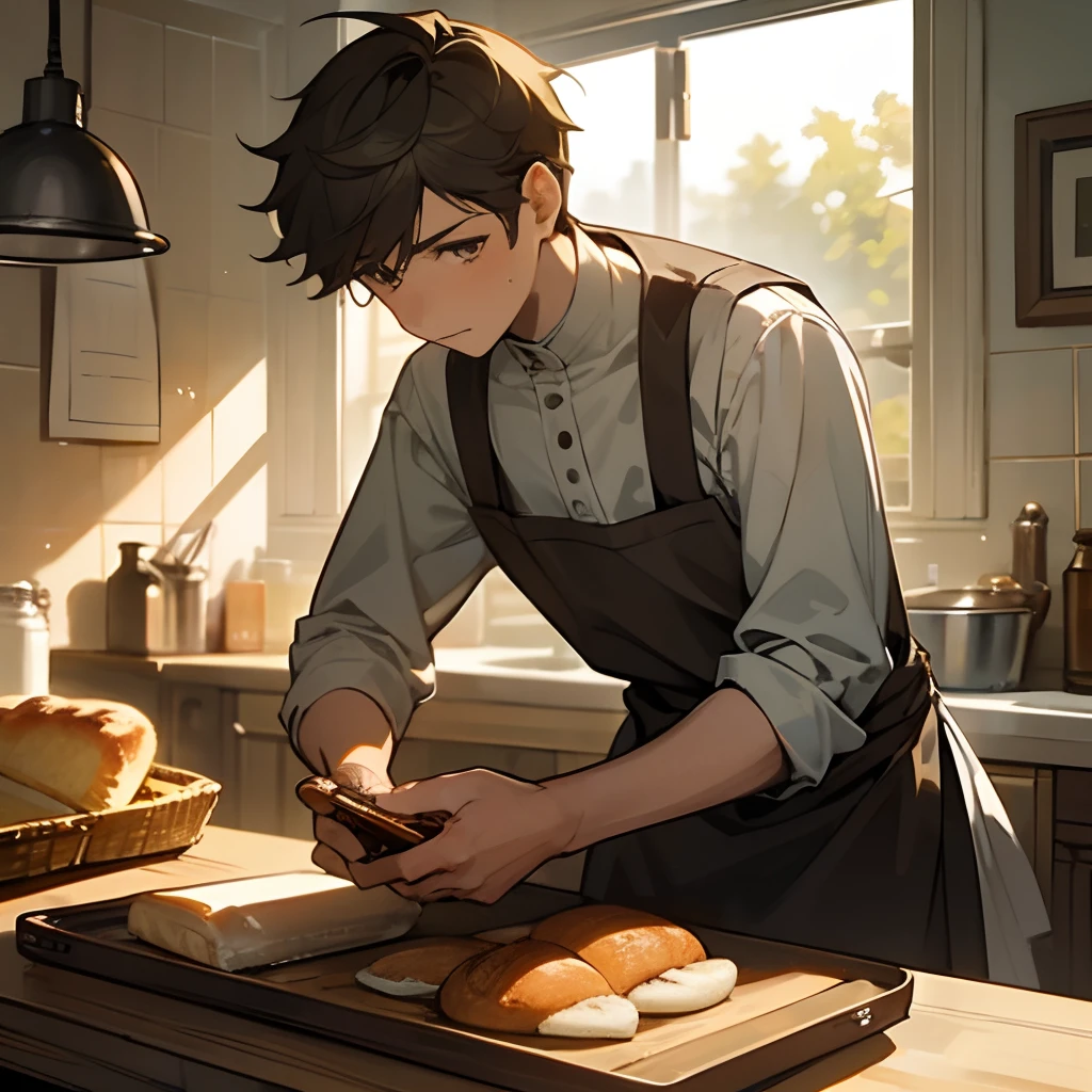 1 boy, solo, looking at camera, baking, making bread, kitchen, kitchen scene, warm light, ivy, stringlights, mature male